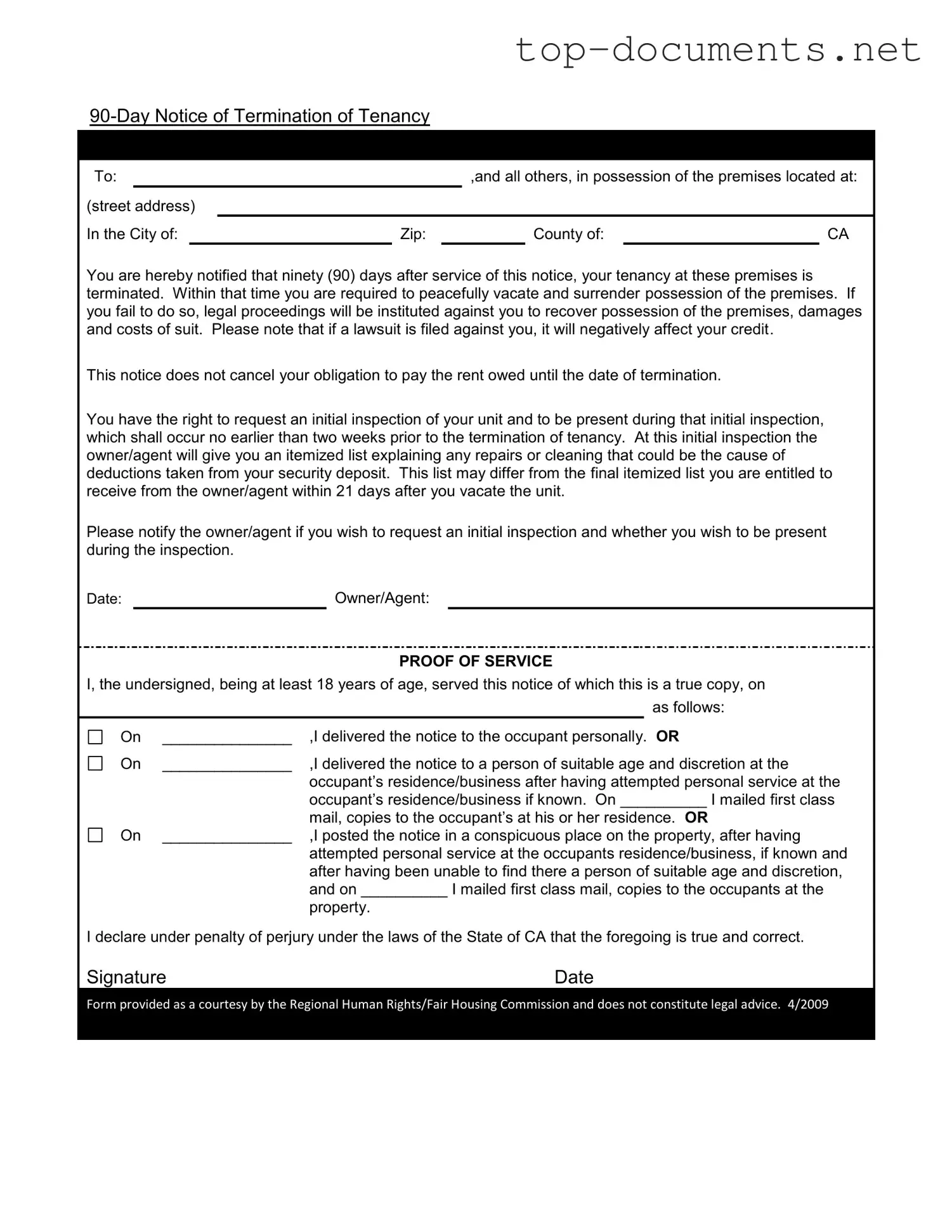 Free 90 Day Notice To Move Out PDF Form
