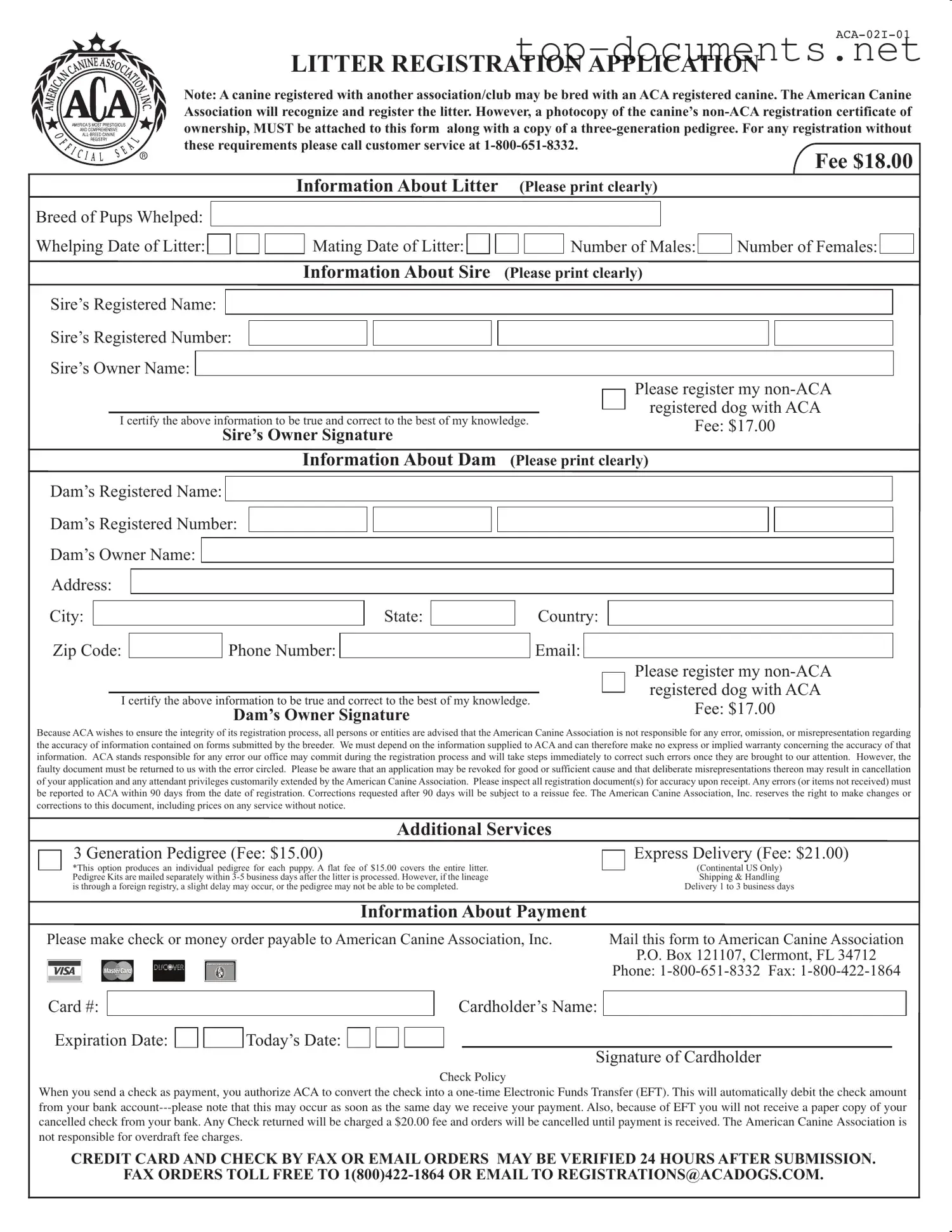 Free Aca Litter Registration PDF Form
