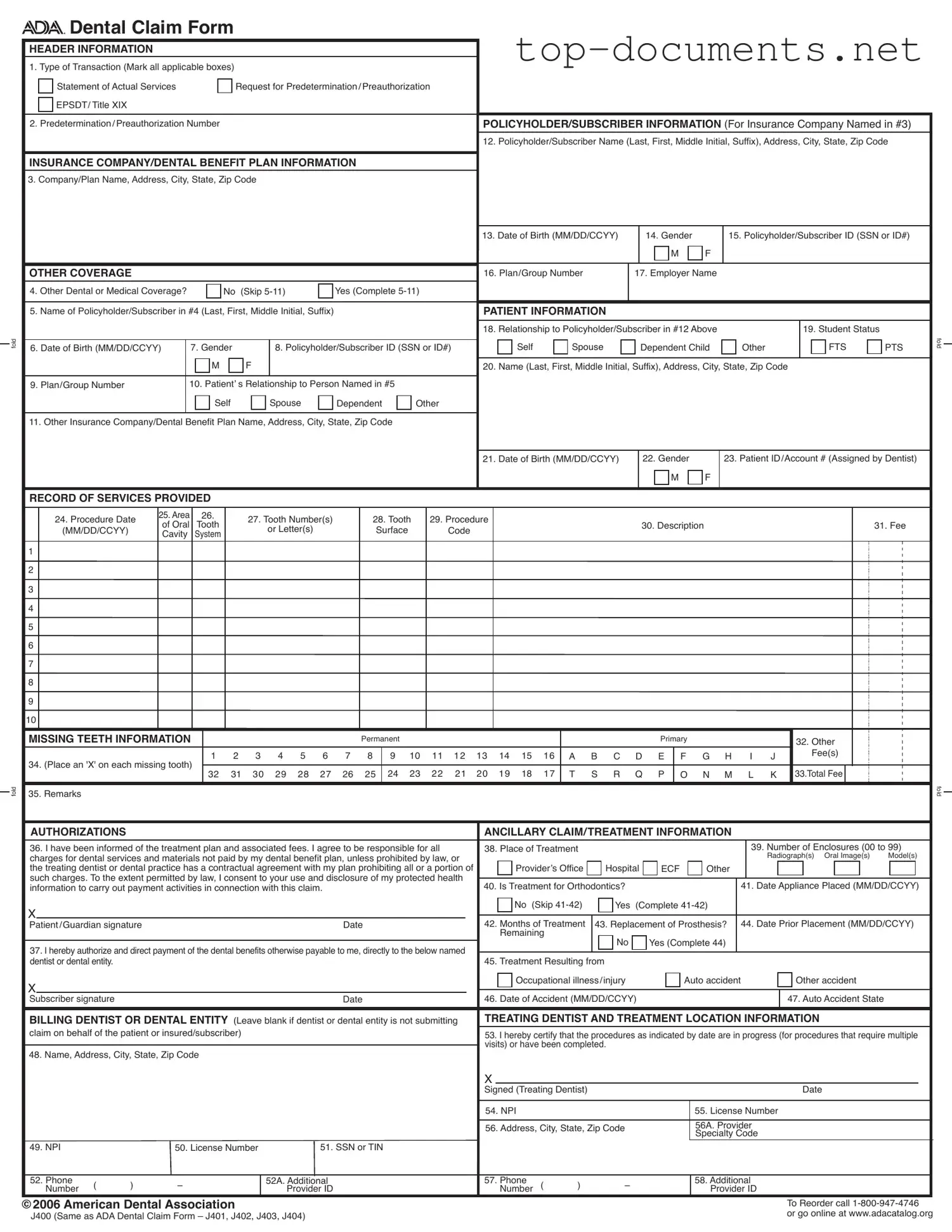 Free Ada Dental Claim PDF Form