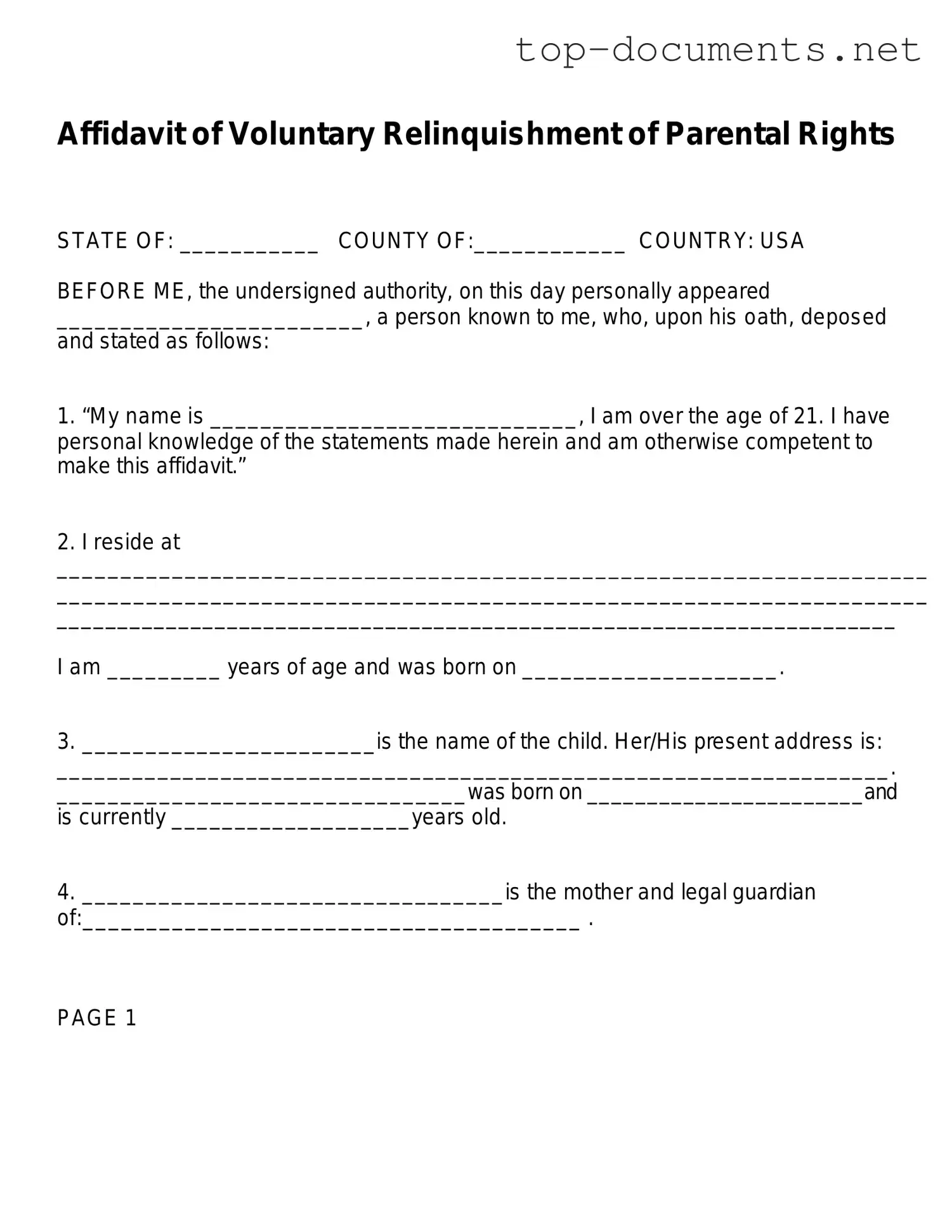 Free Affidavit Parental Rights PDF Form