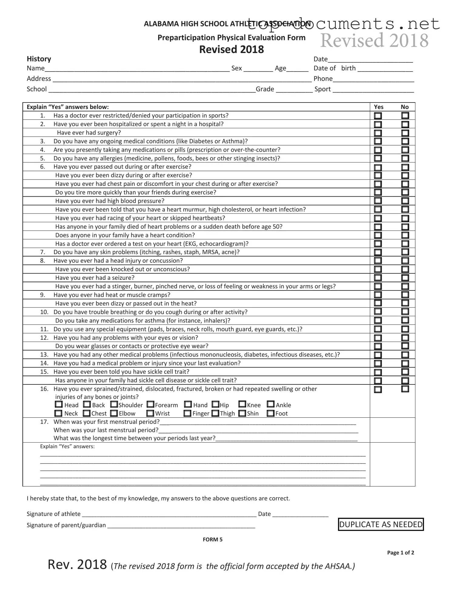 Free Alabama High School Physical PDF Form