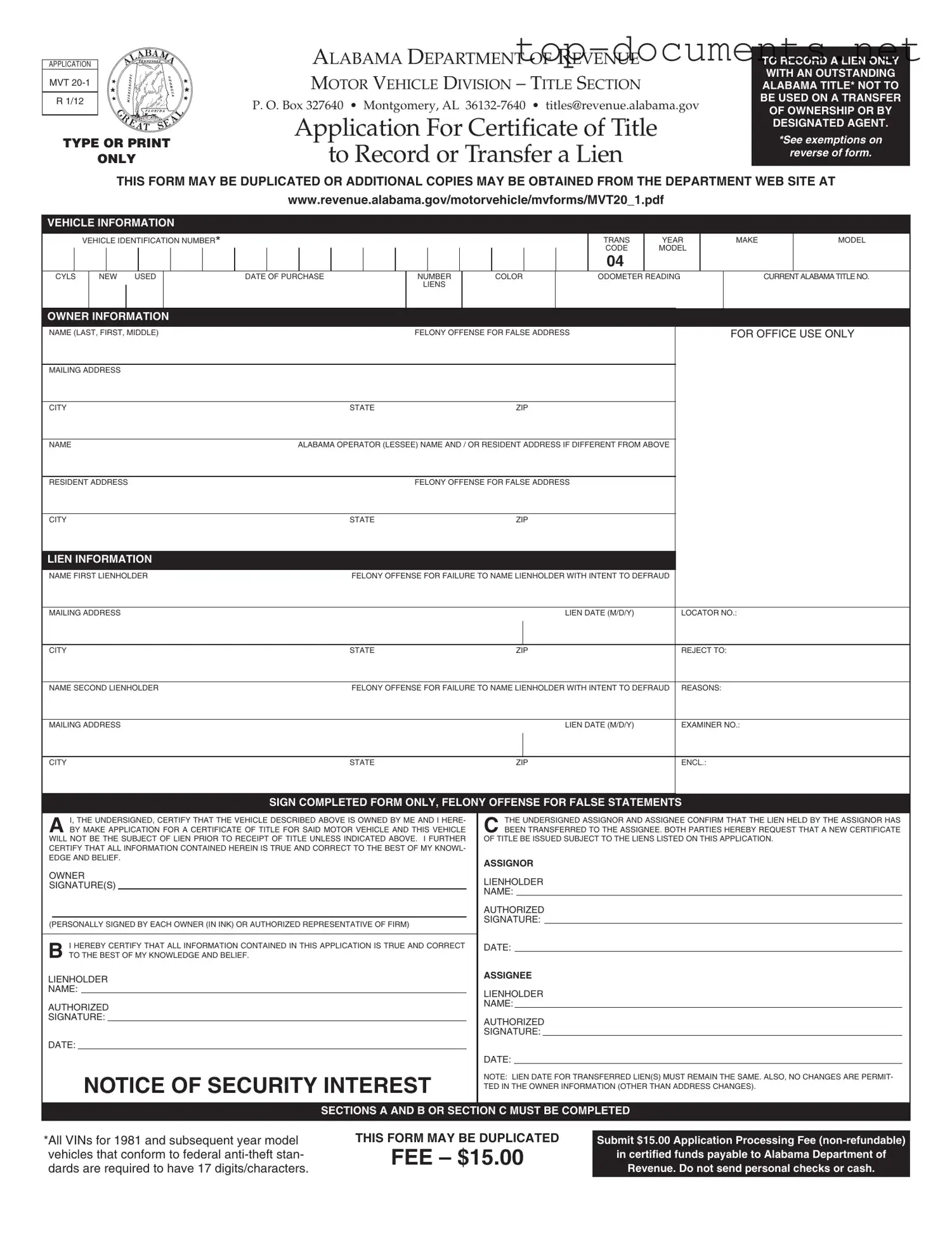 Free Alabama Mvt 20 1 PDF Form