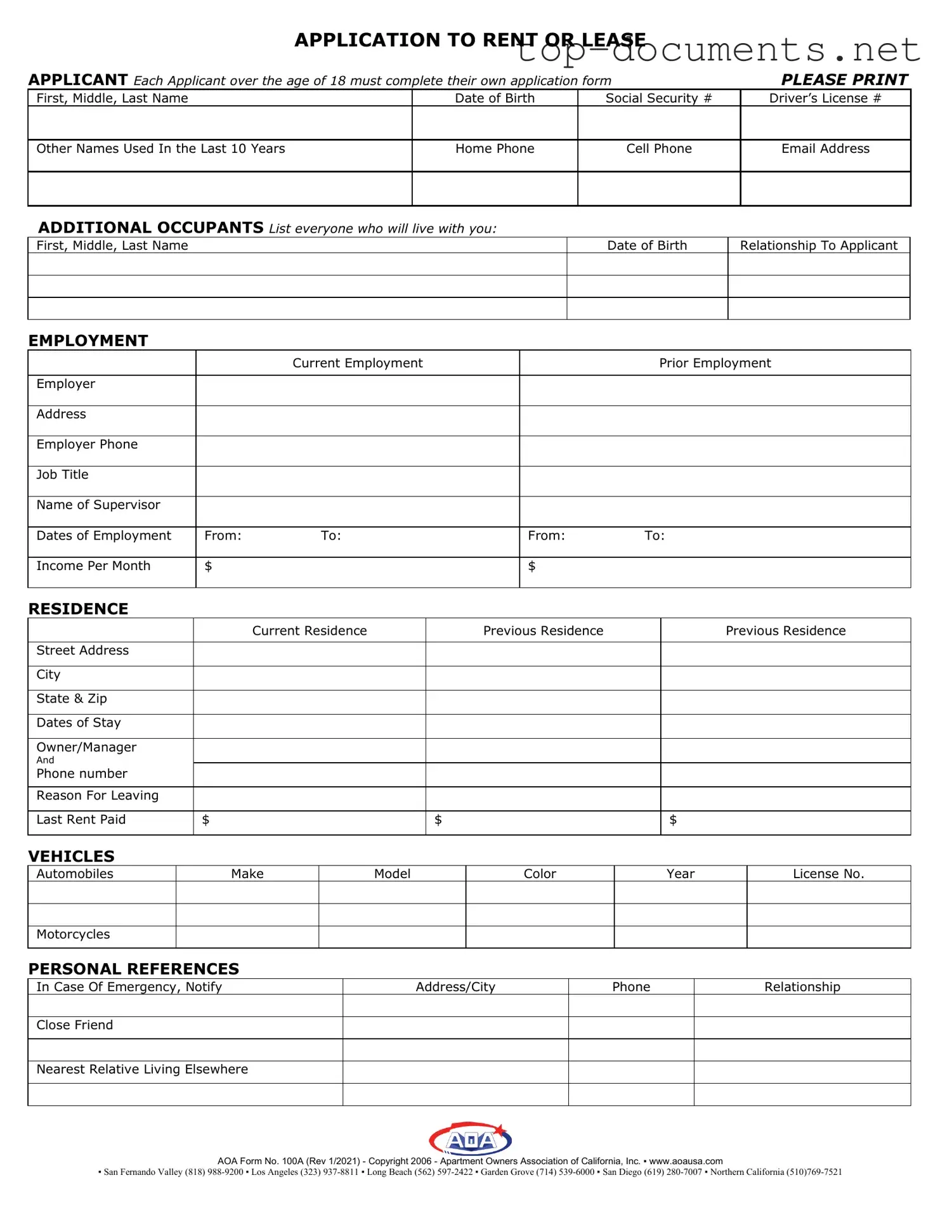 Free Aoa 100A PDF Form