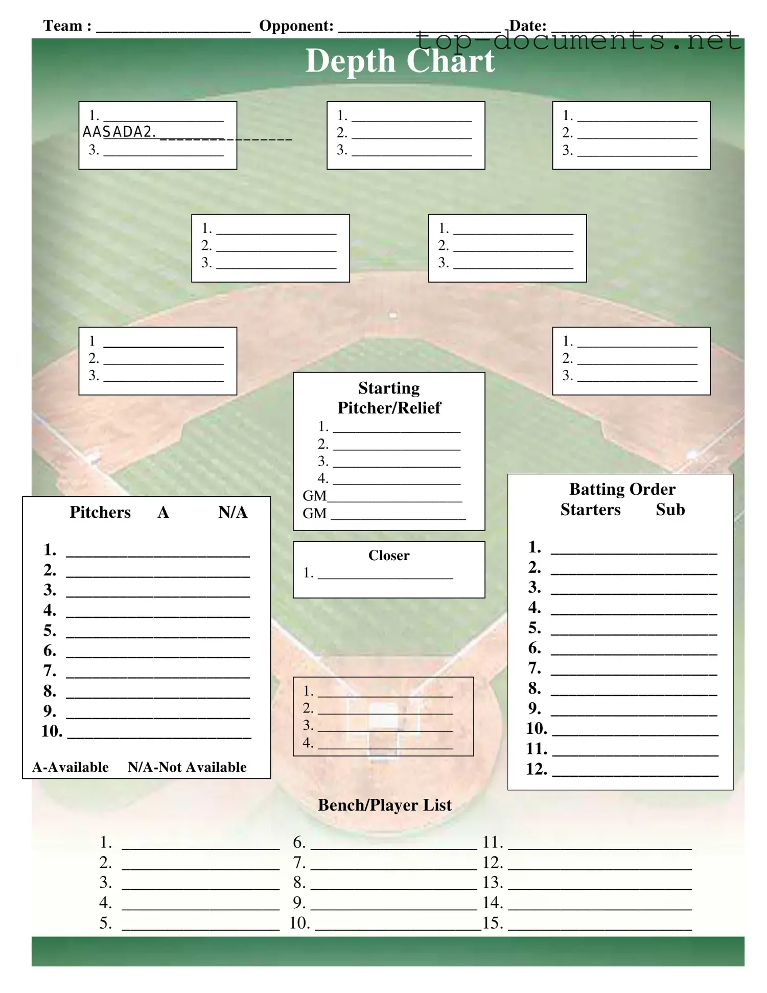 Free Baseball Field Lineup PDF Form