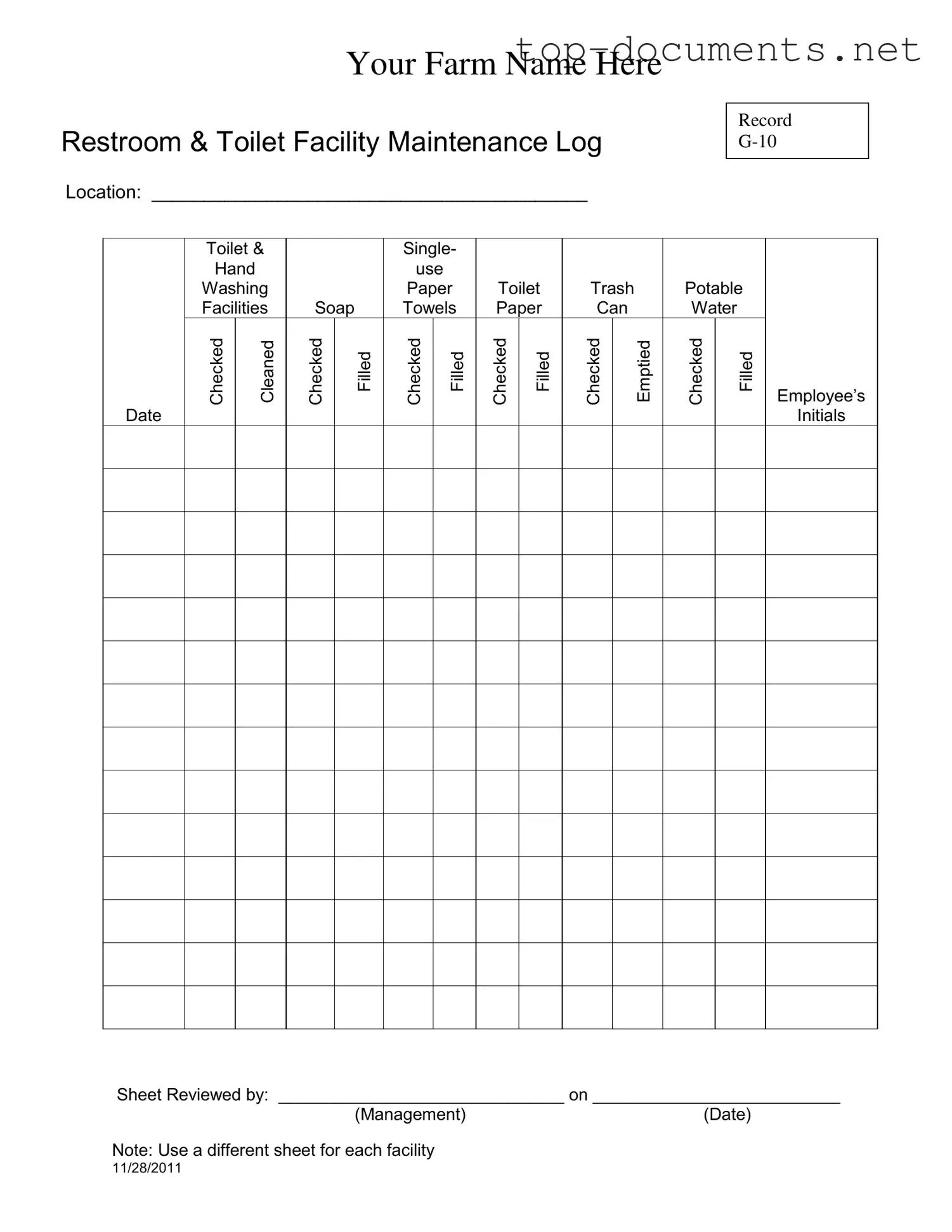 Free Bathroom Cleaning Log Sheet PDF Form