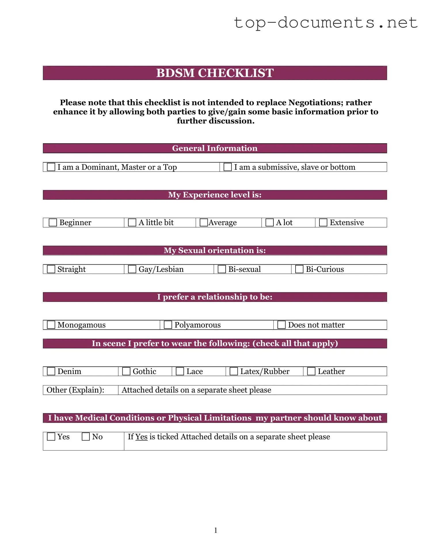 Free Bdsm Checklist PDF Form