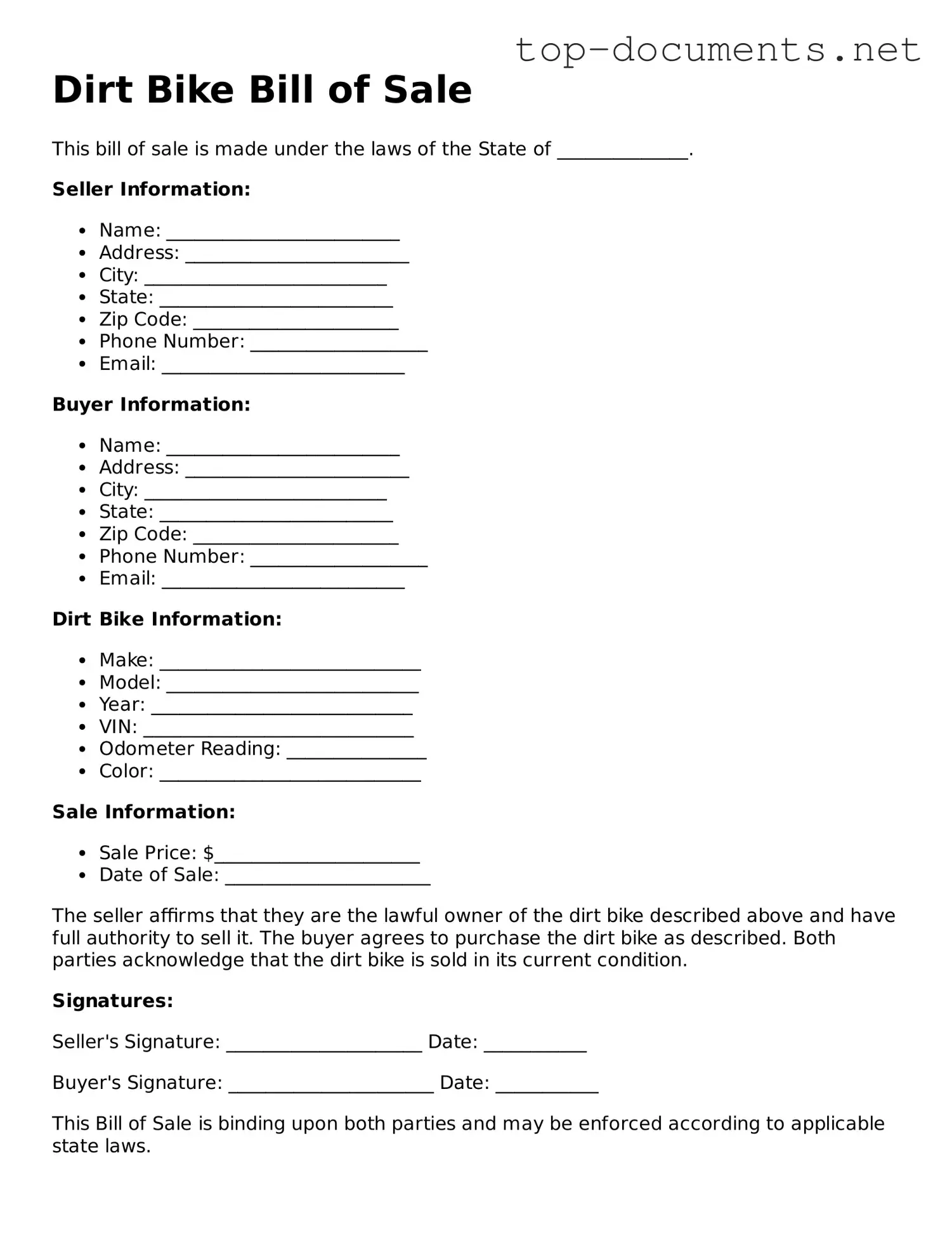 Attorney-Verified Dirt Bike Bill of Sale Form