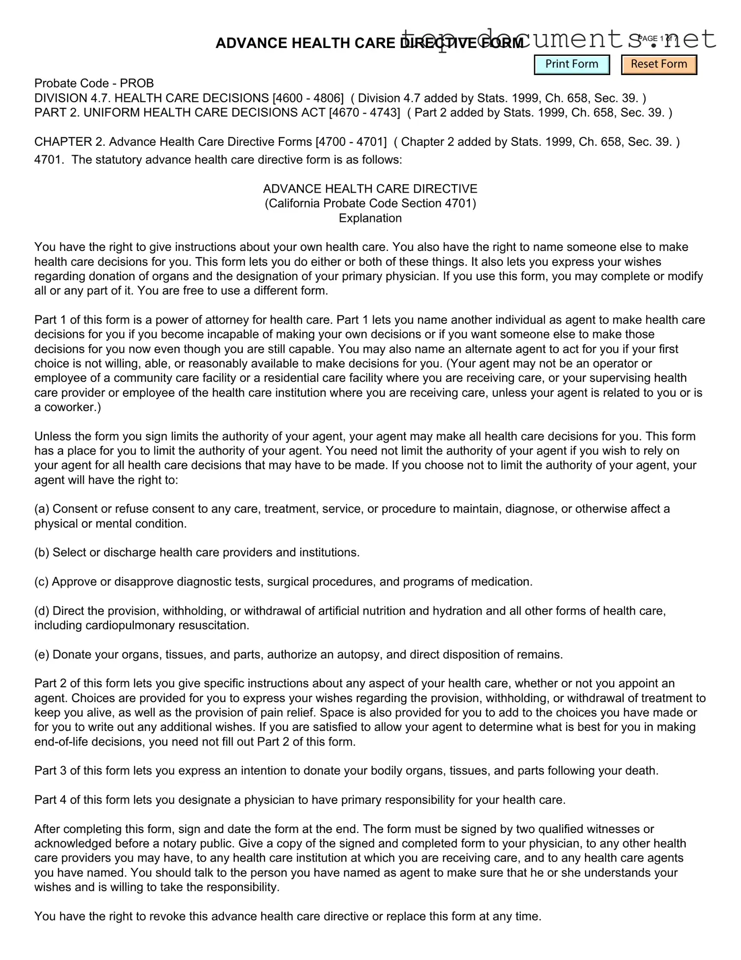 Free California Advanced Health Care Directive PDF Form