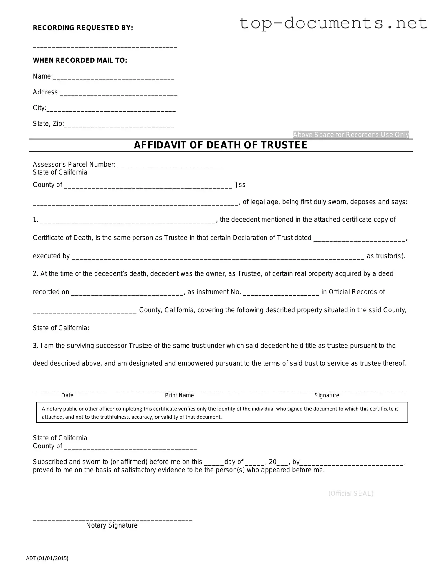 Free California Affidavit of Death of a Trustee PDF Form