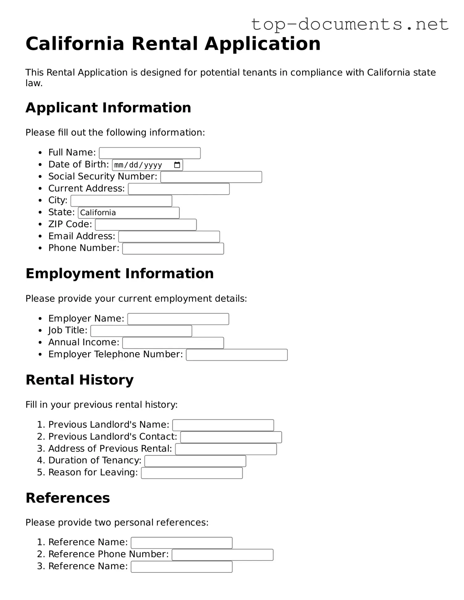 Printable Rental Application Form for the State of California