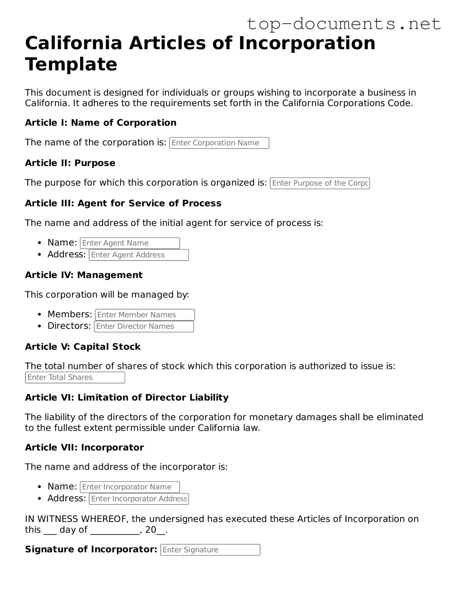 Printable Articles of Incorporation Form for the State of California