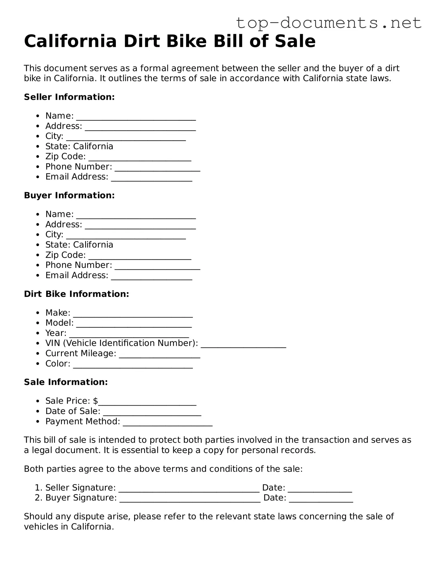 Printable Dirt Bike Bill of Sale Form for the State of California