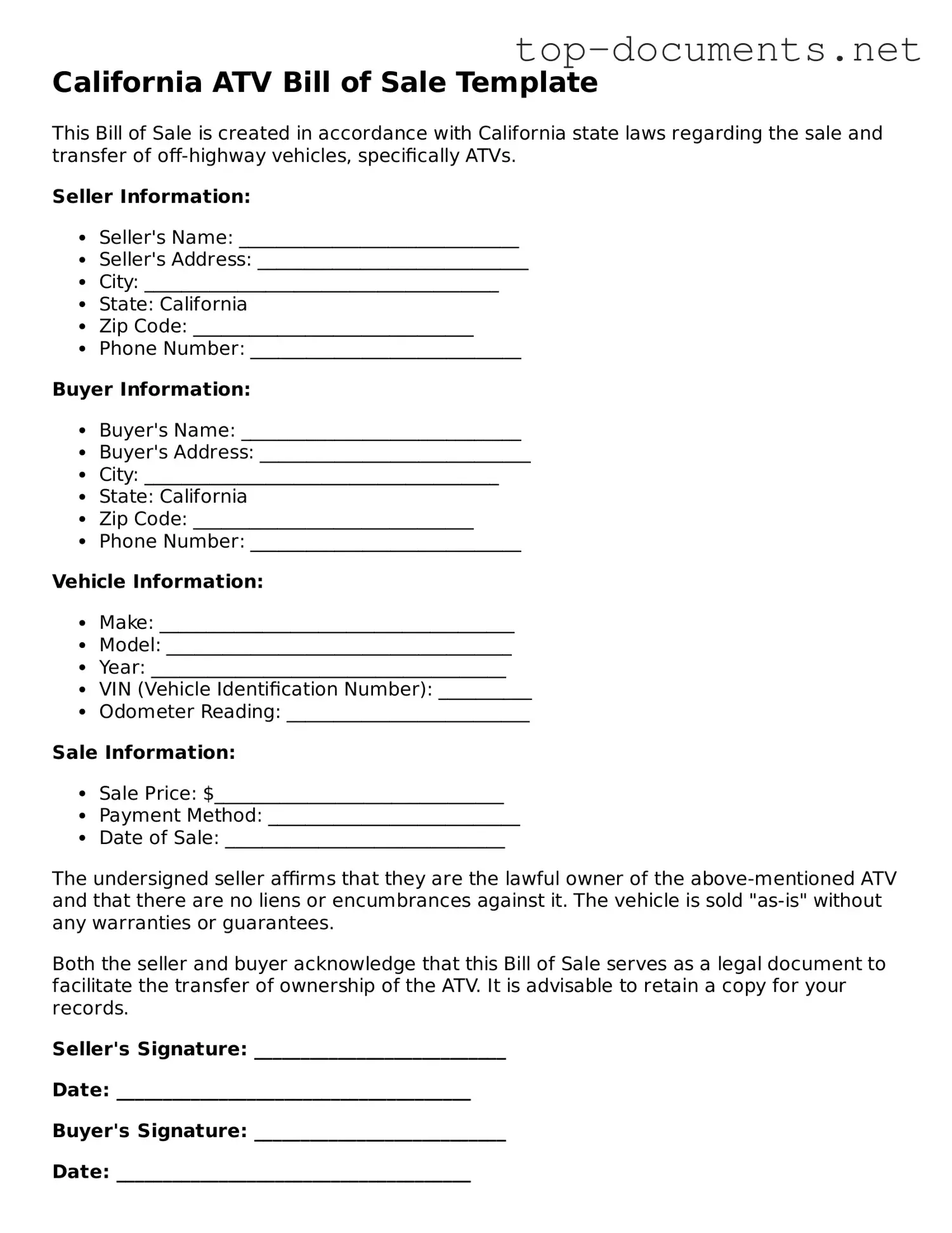 Printable ATV Bill of Sale Form for the State of California