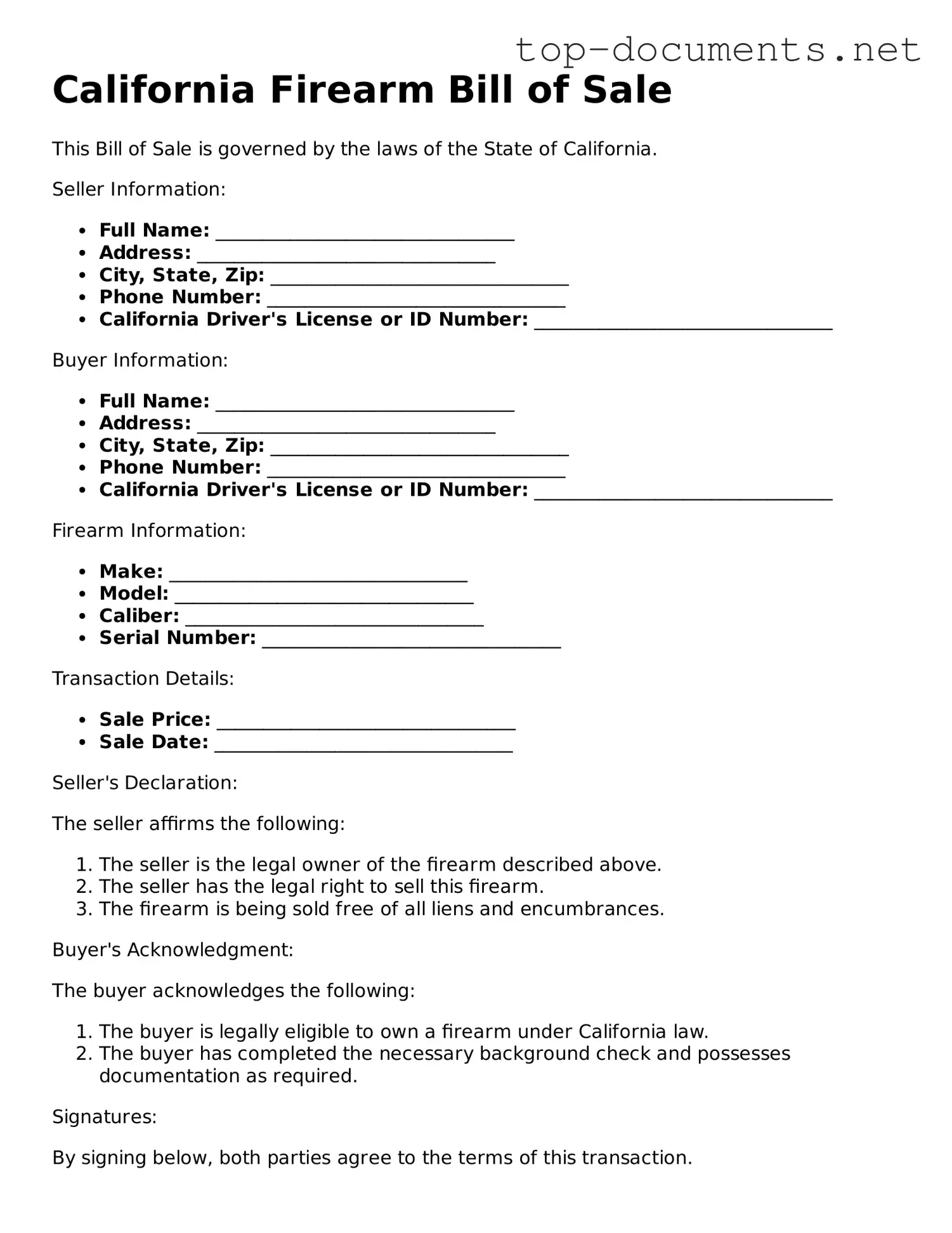 Printable Firearm Bill of Sale Form for the State of California