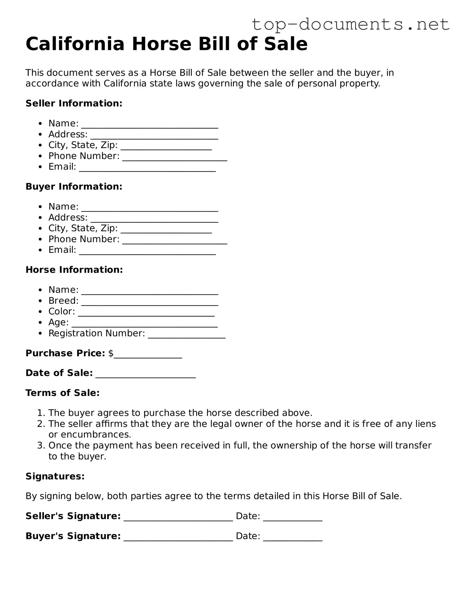 Printable Horse Bill of Sale Form for the State of California