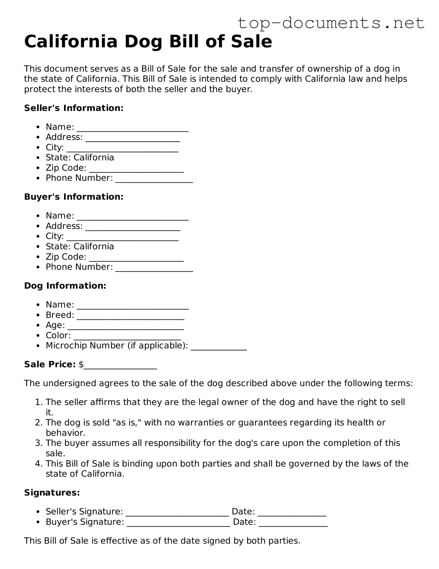 Printable Dog Bill of Sale Form for the State of California