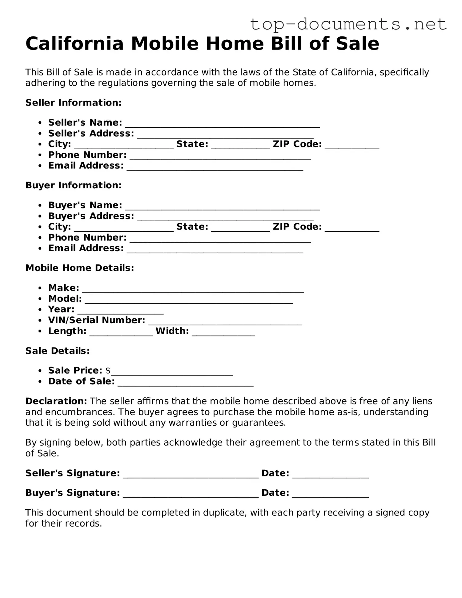 Printable Mobile Home Bill of Sale Form for the State of California