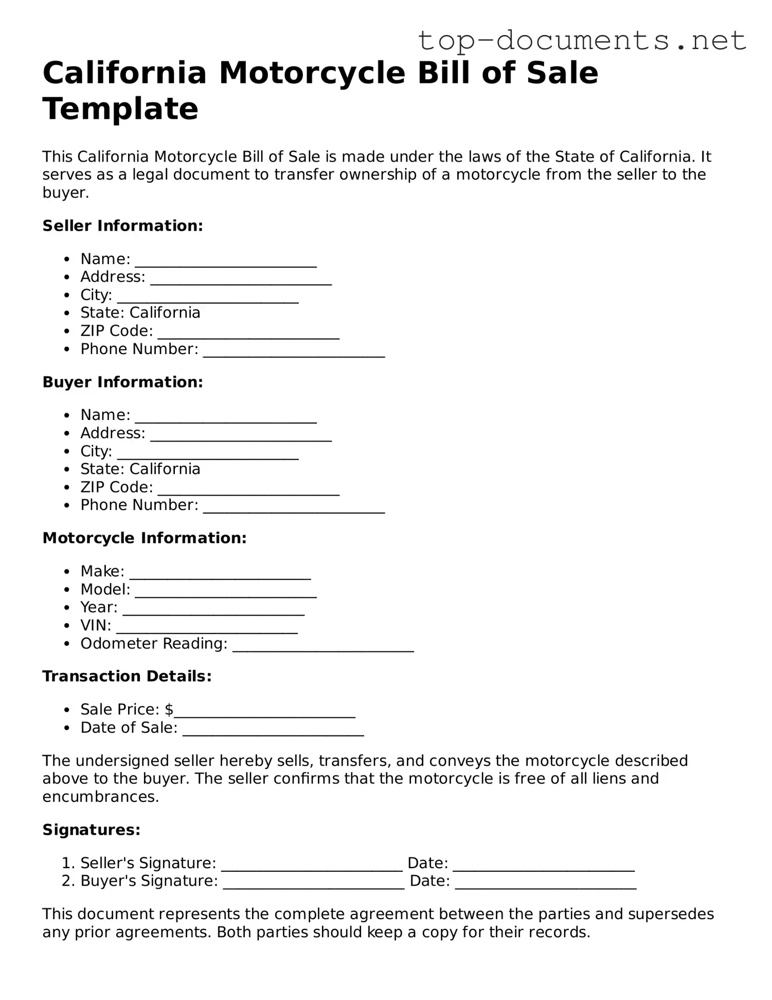 Printable Motorcycle Bill of Sale Form for the State of California