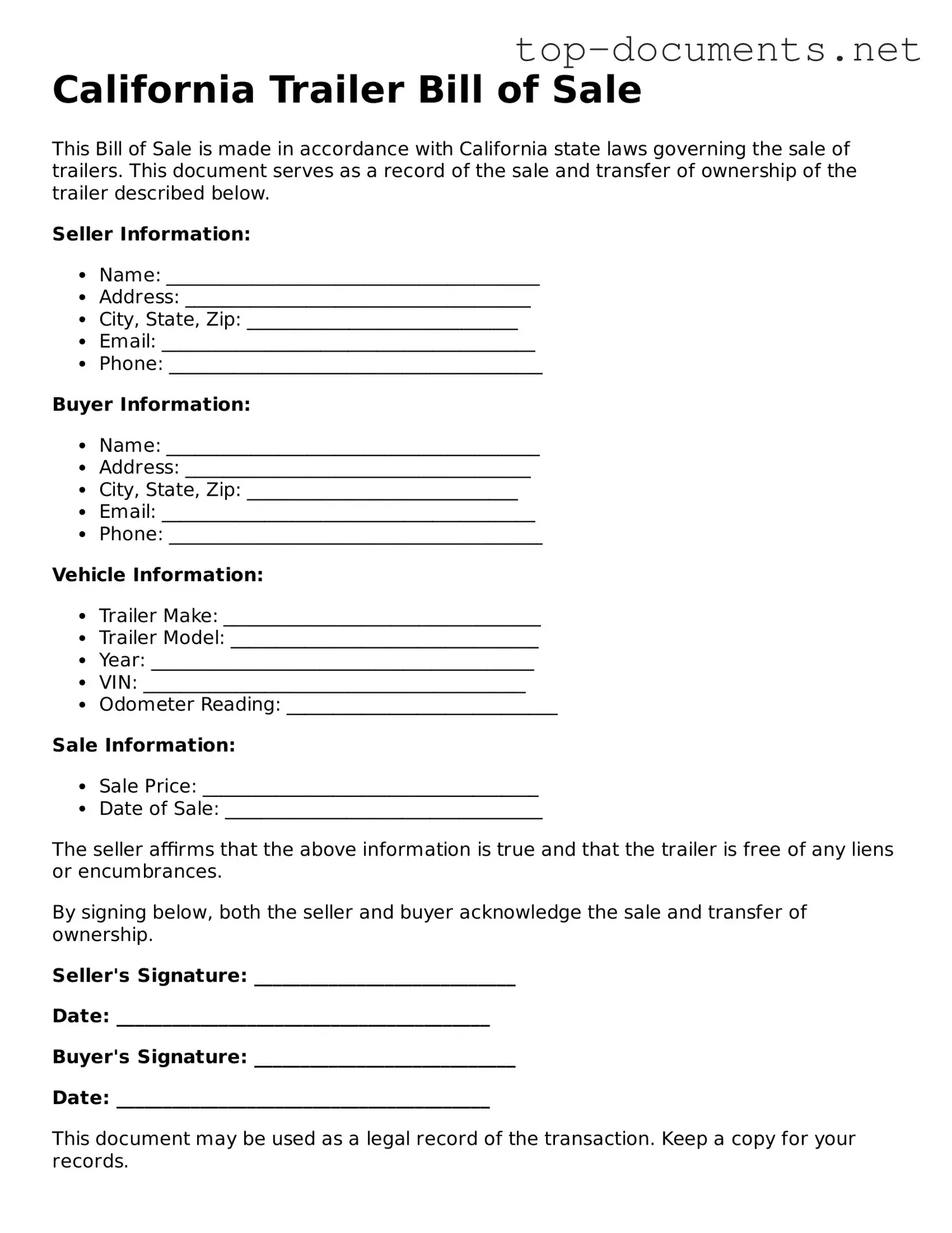 Printable Trailer Bill of Sale Form for the State of California
