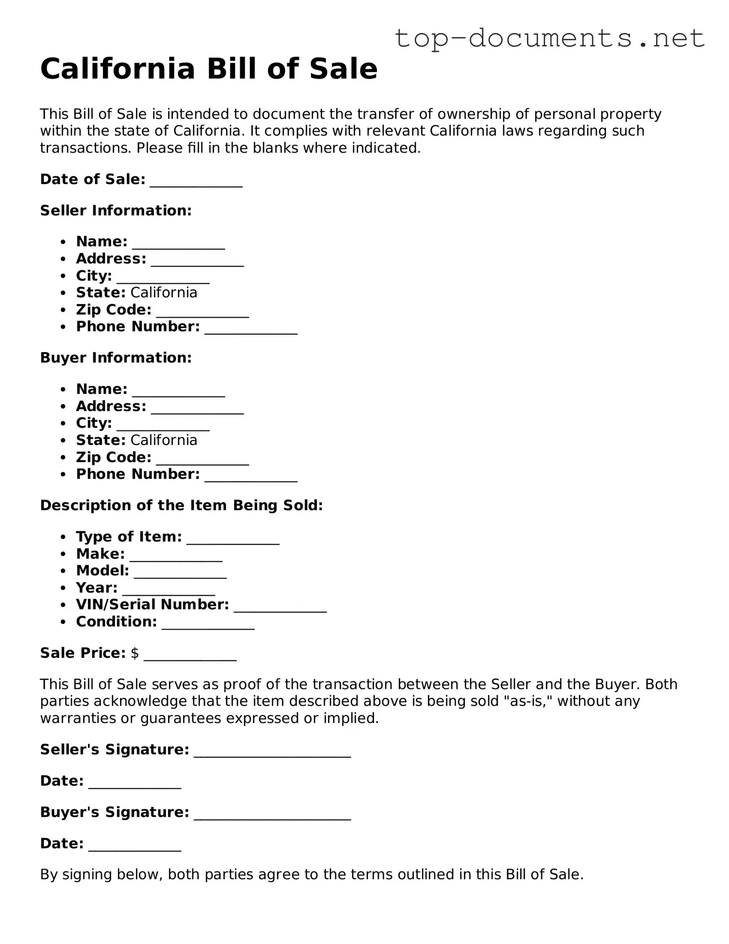 Printable Bill of Sale Form for the State of California