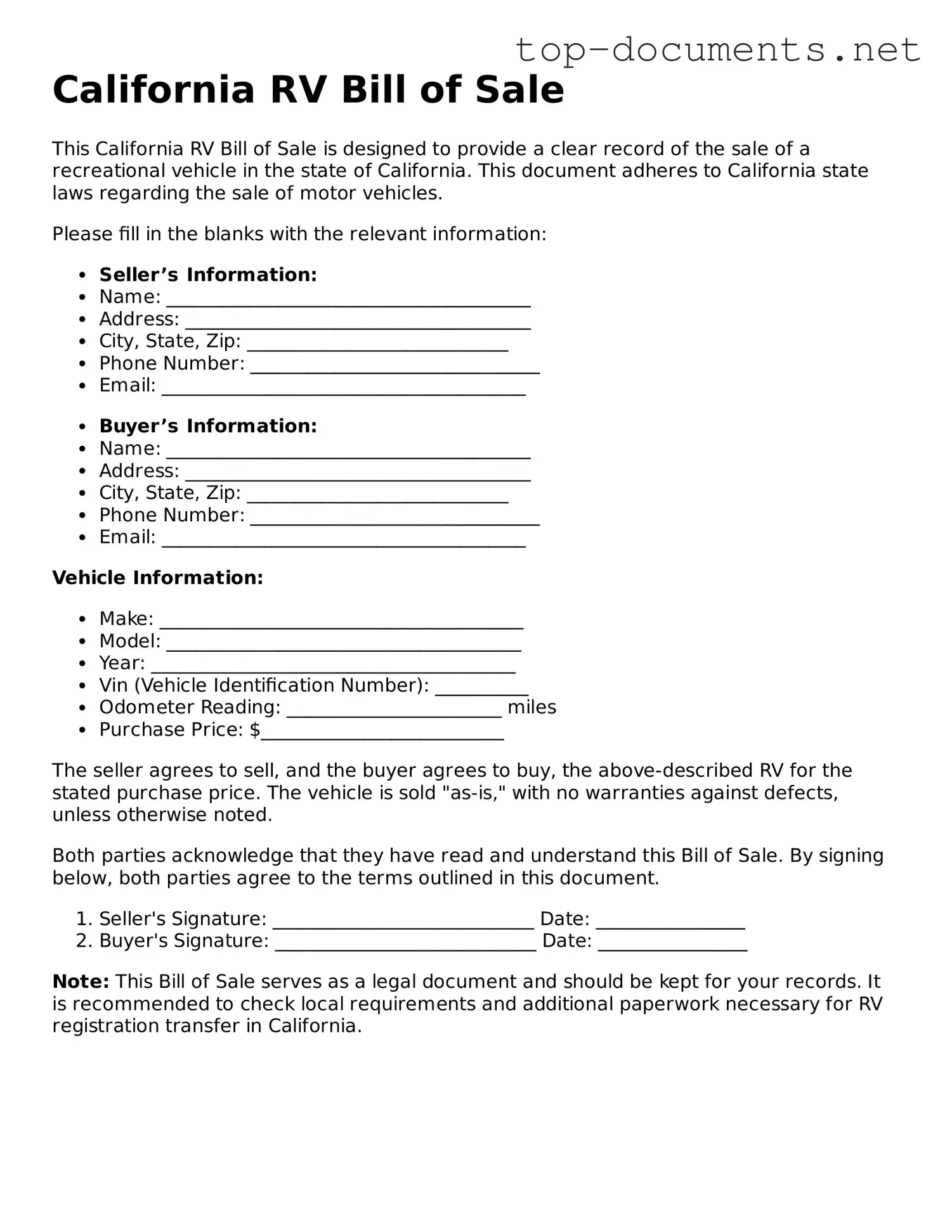 Printable RV Bill of Sale Form for the State of California