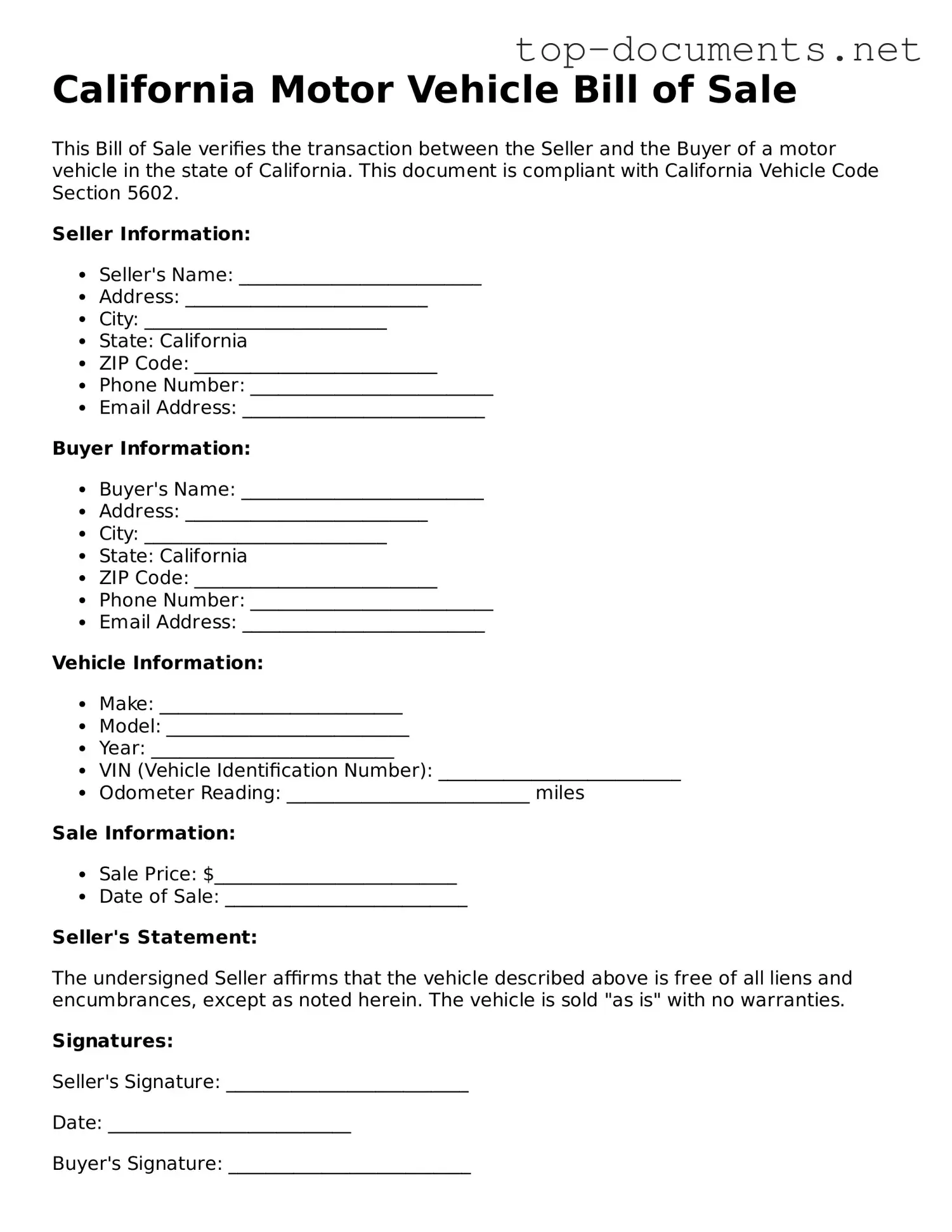 Printable Motor Vehicle Bill of Sale Form for the State of California