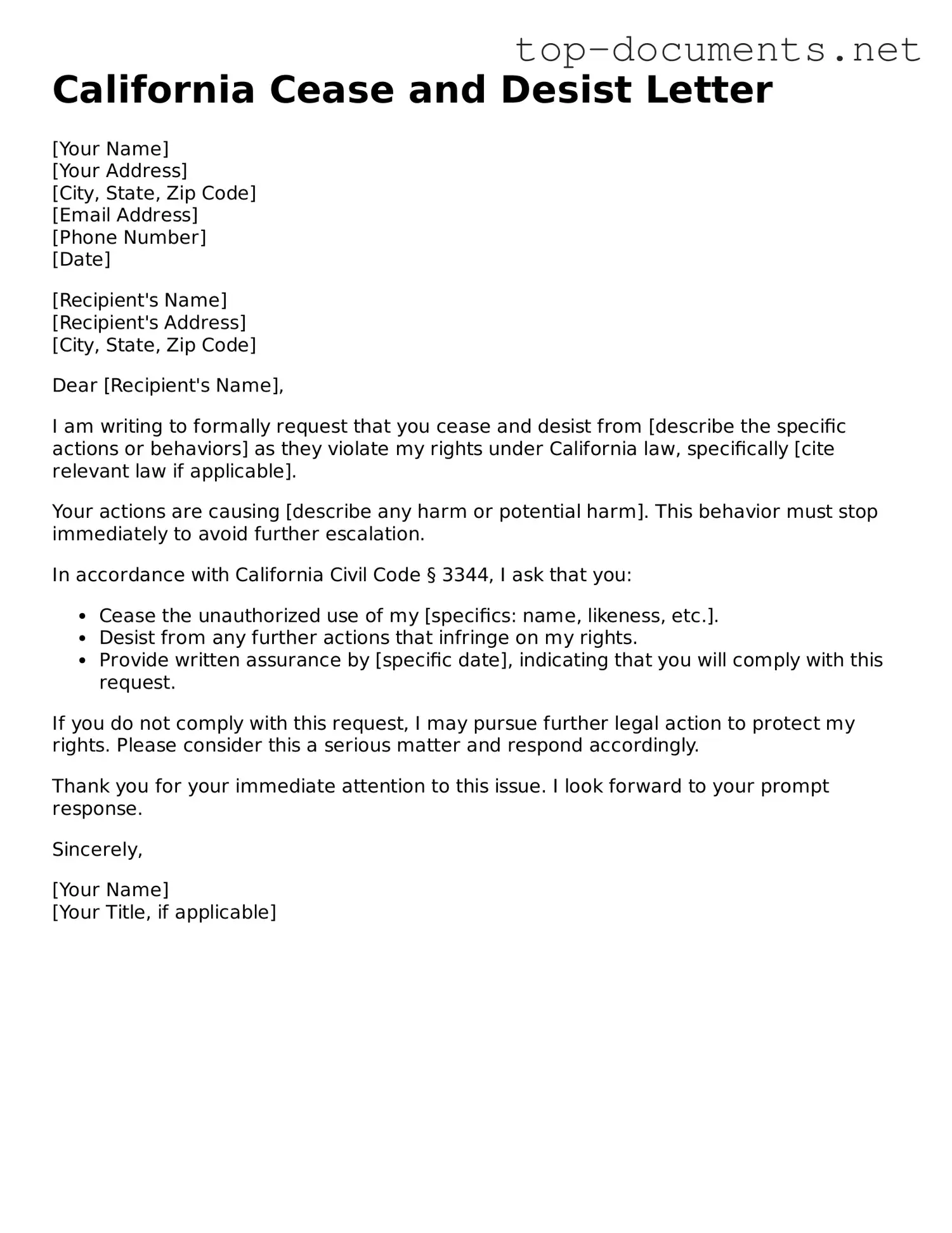 Printable Cease and Desist Letter Form for the State of California