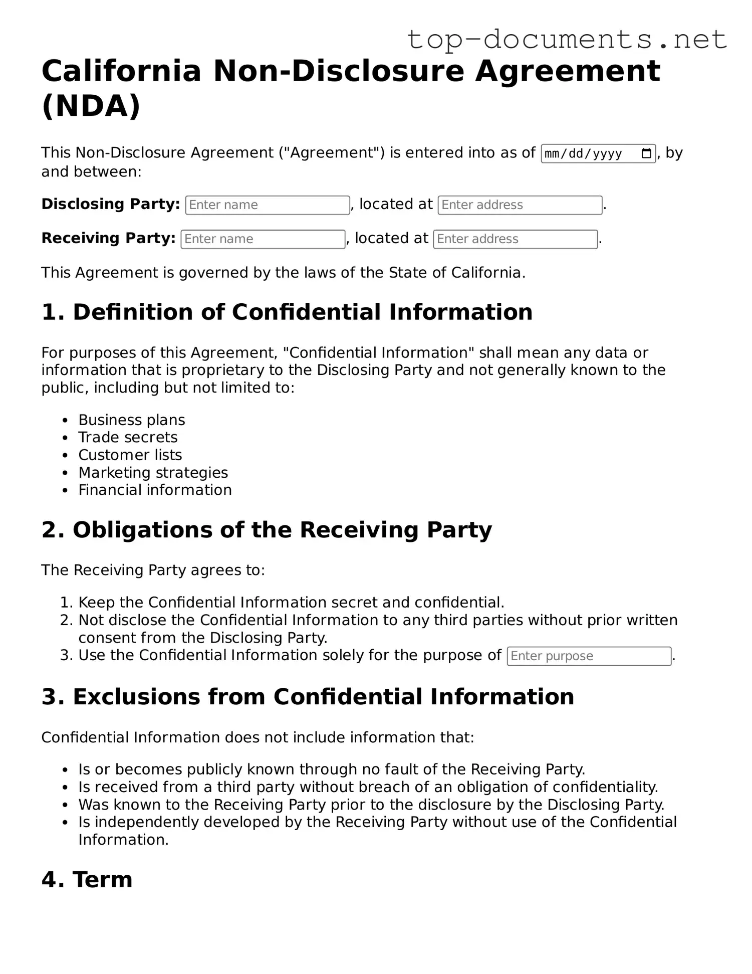 Printable Non-disclosure Agreement Form for the State of California