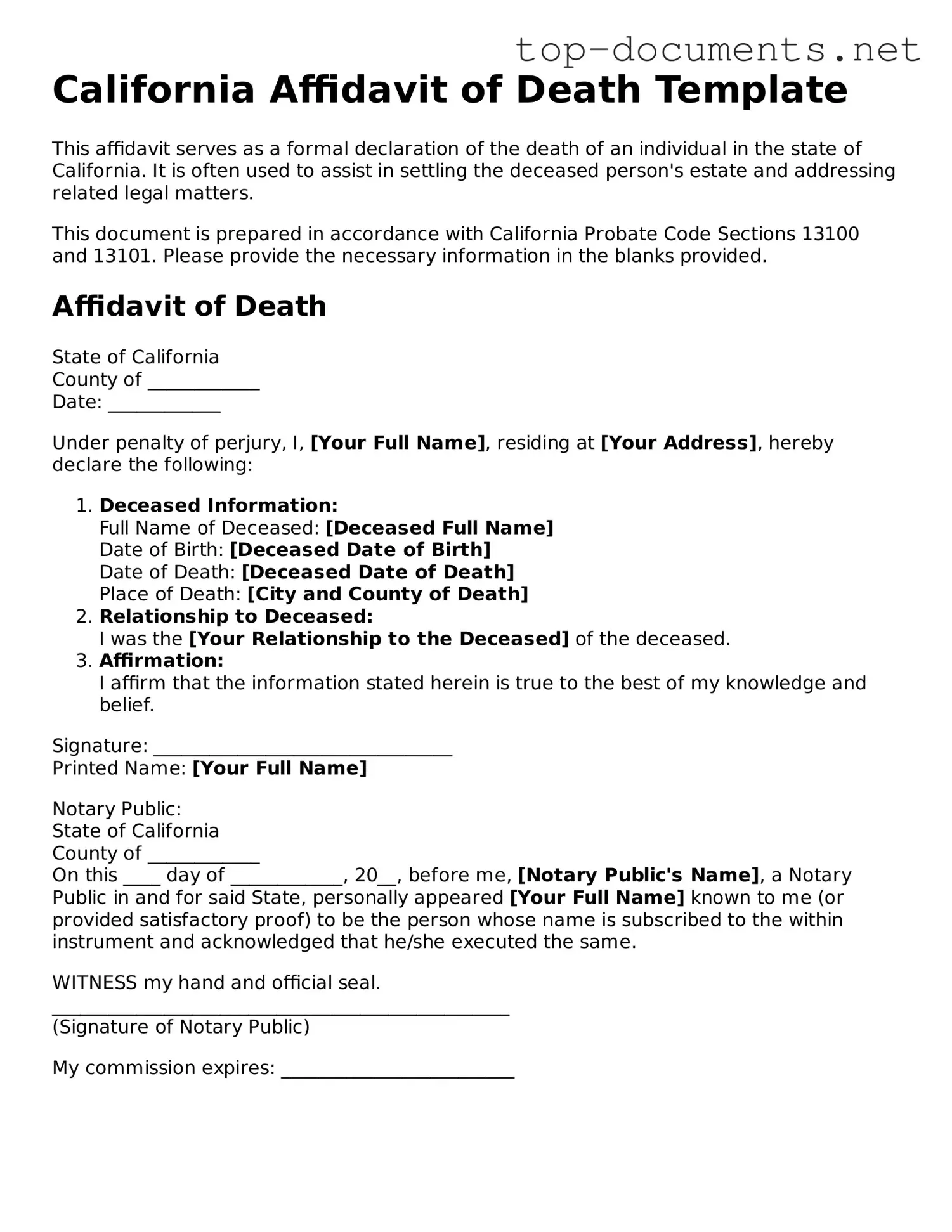 Printable Affidavit of Death Form for the State of California