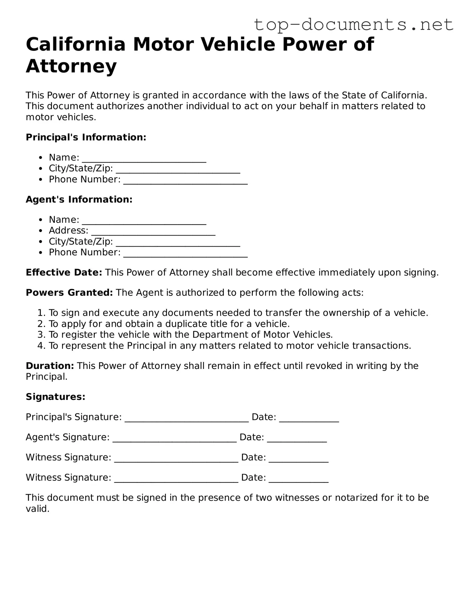 Printable Motor Vehicle Power of Attorney Form for the State of California