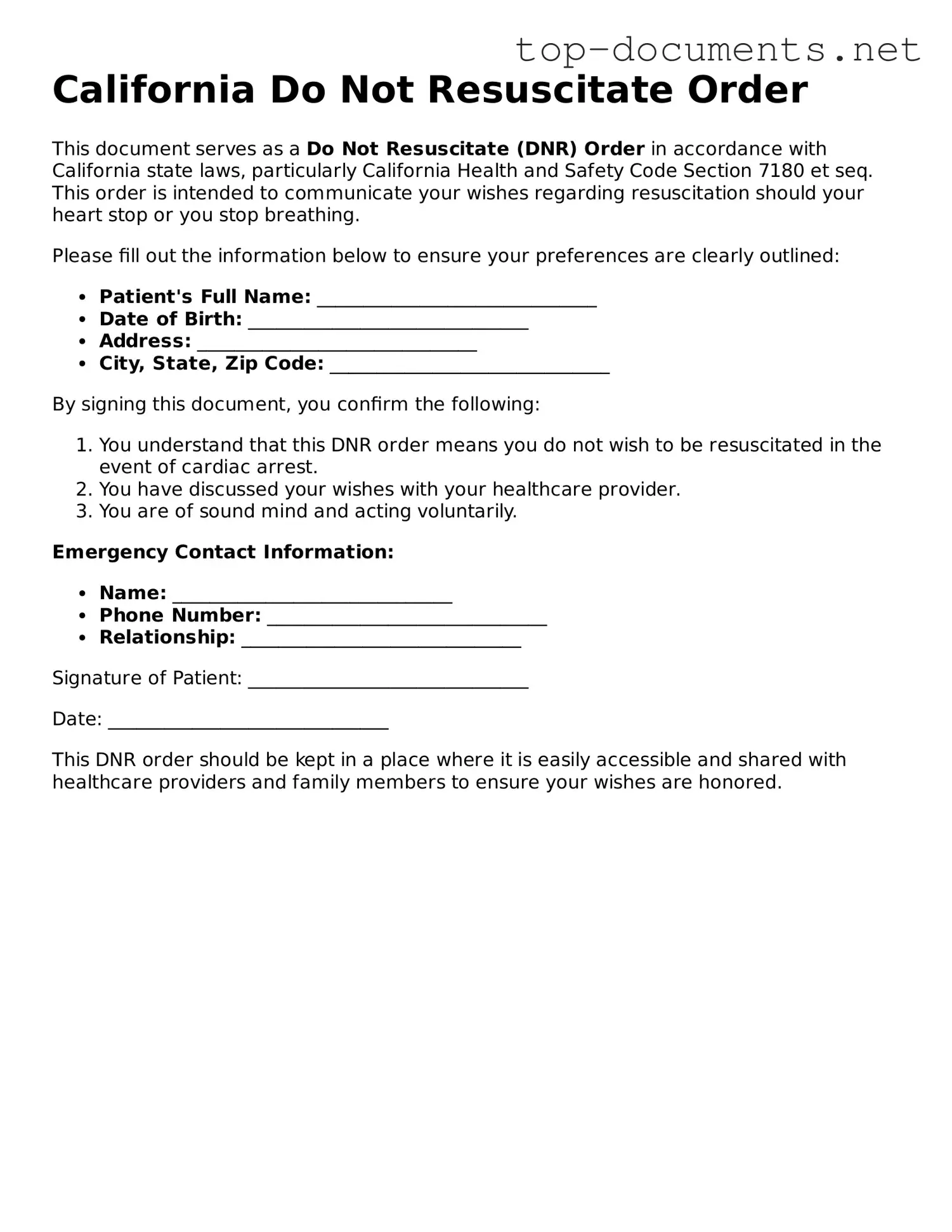 Printable Do Not Resuscitate Order Form for the State of California