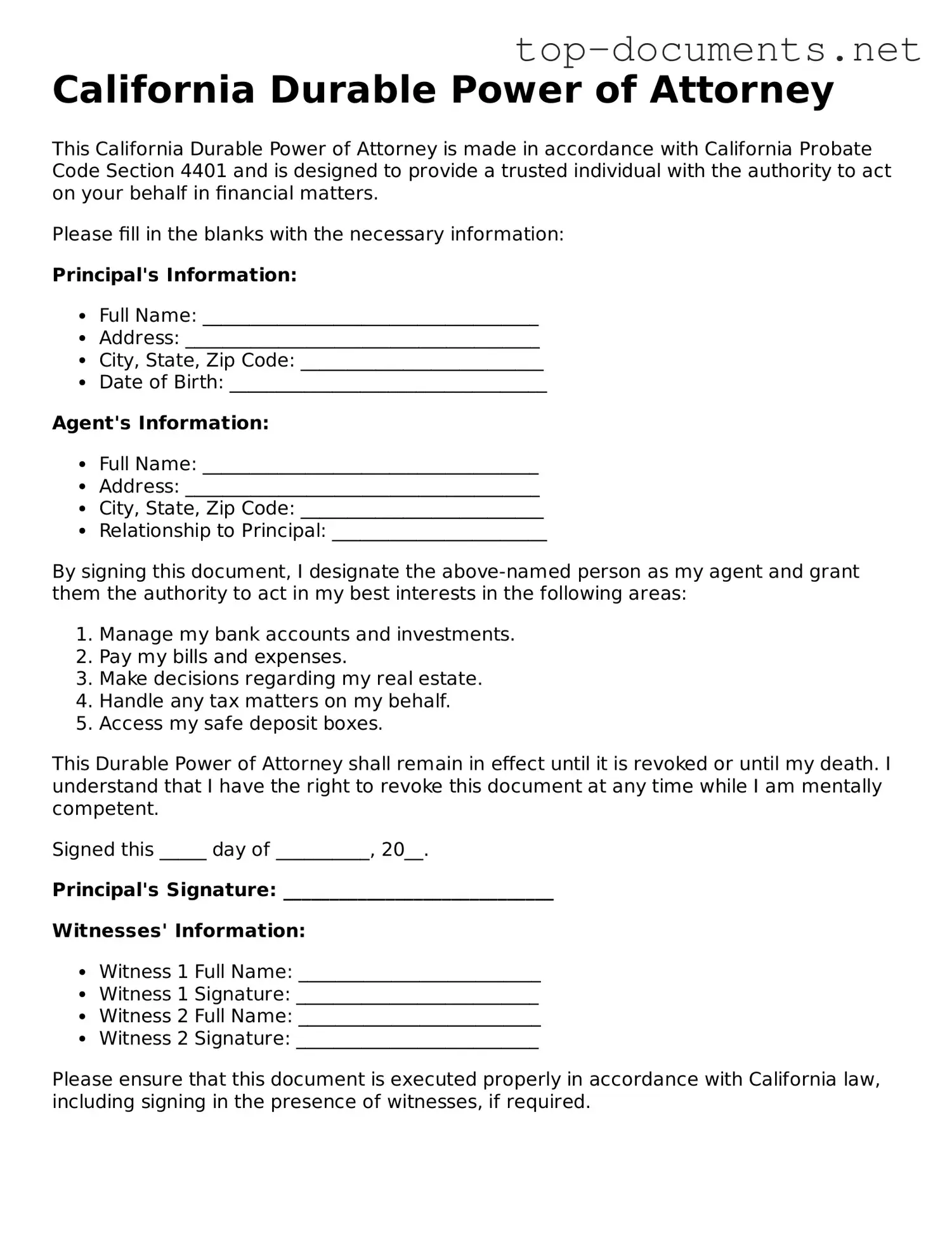 Printable Durable Power of Attorney Form for the State of California