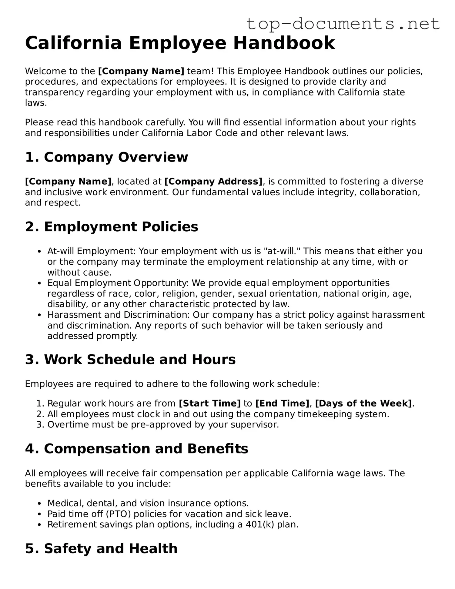 Printable Employee Handbook Form for the State of California