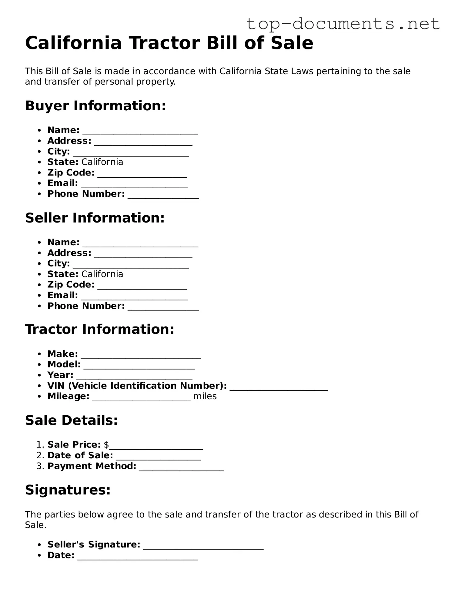Printable Tractor Bill of Sale Form for the State of California
