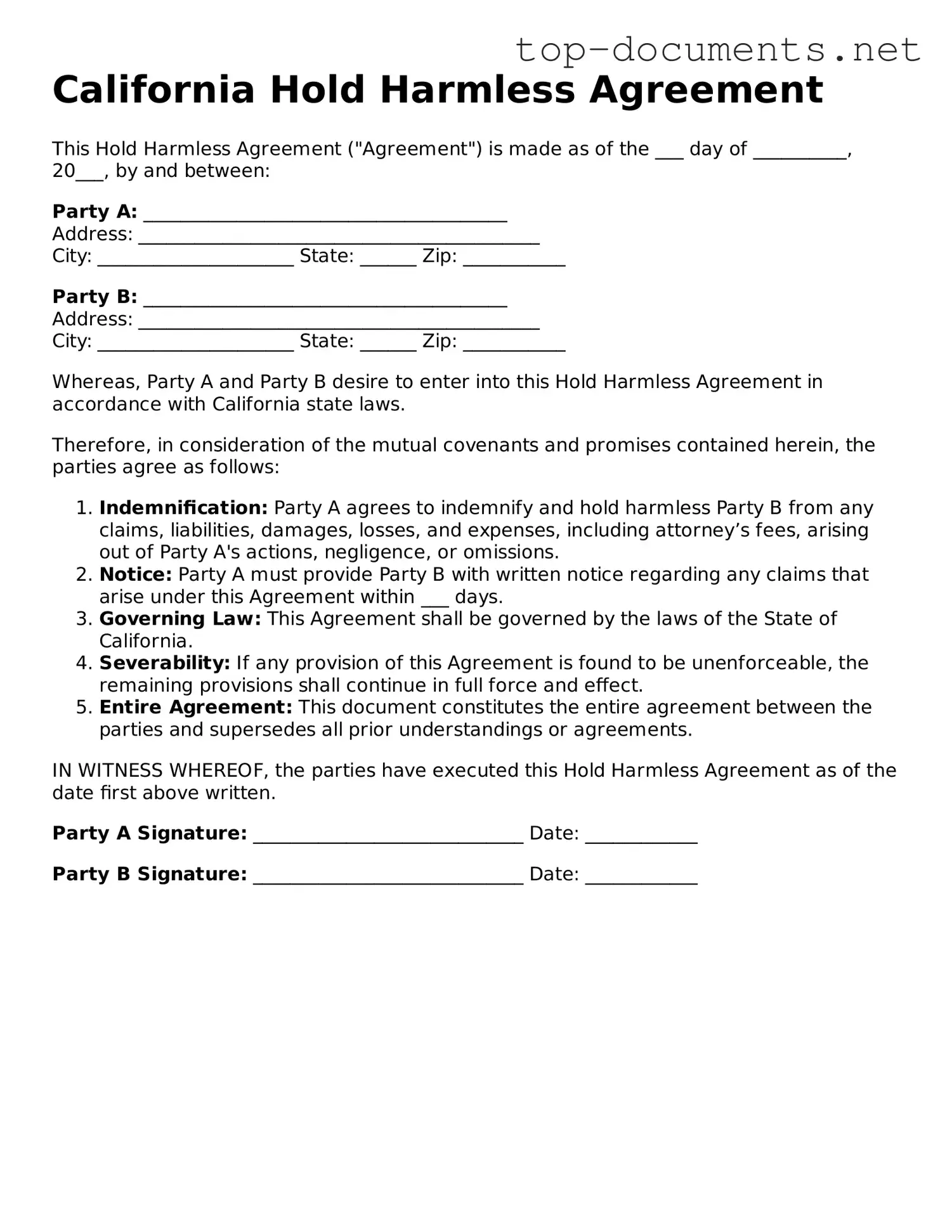 Printable Hold Harmless Agreement Form for the State of California