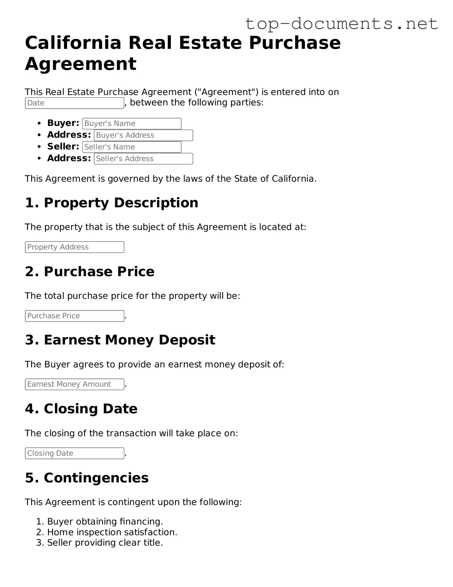 Printable Real Estate Purchase Agreement Form for the State of California