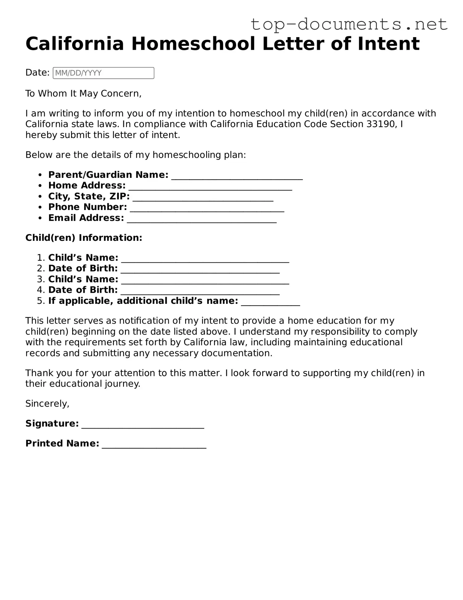 Printable Homeschool Letter of Intent Form for the State of California
