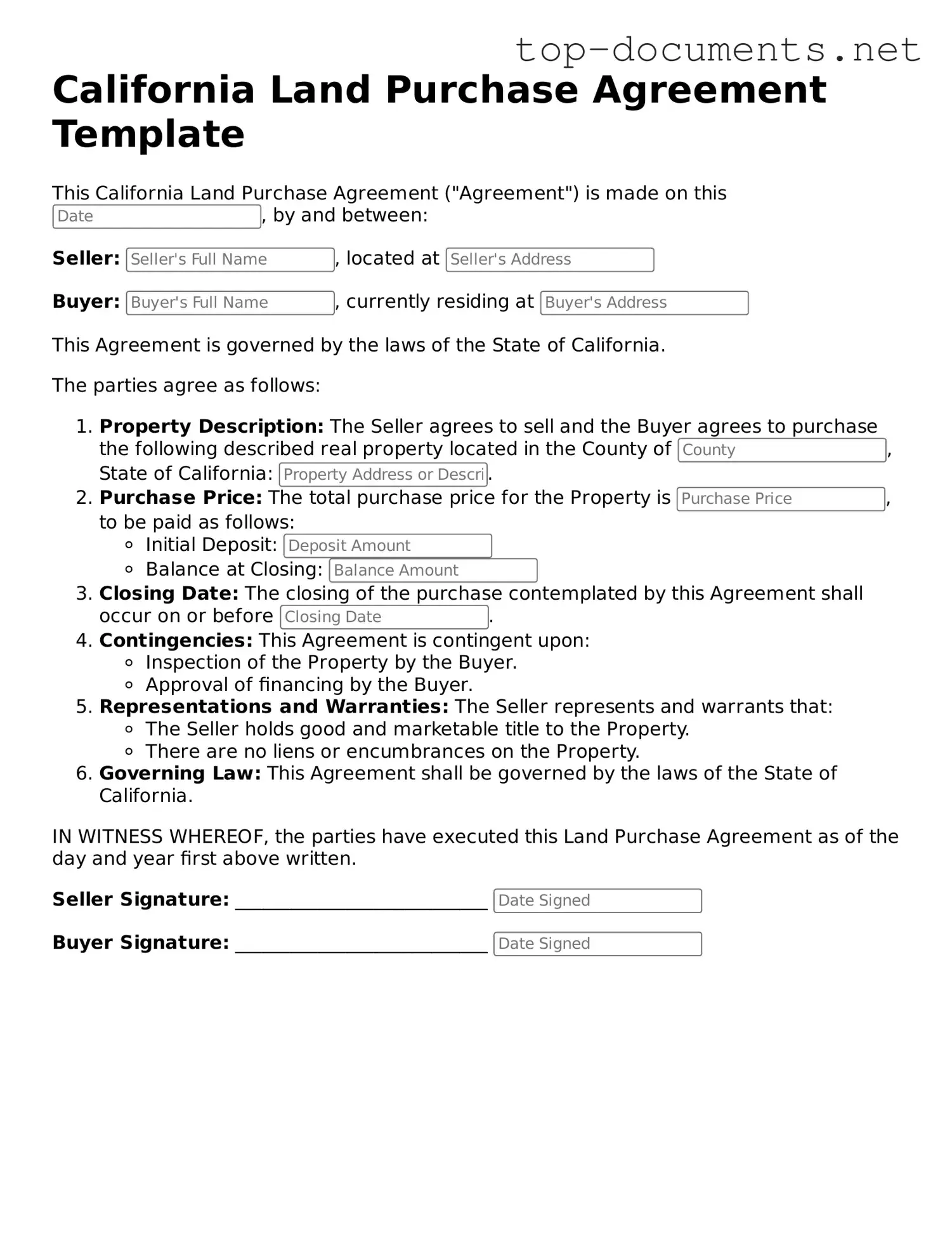 Printable Land Purchase Agreement Form for the State of California