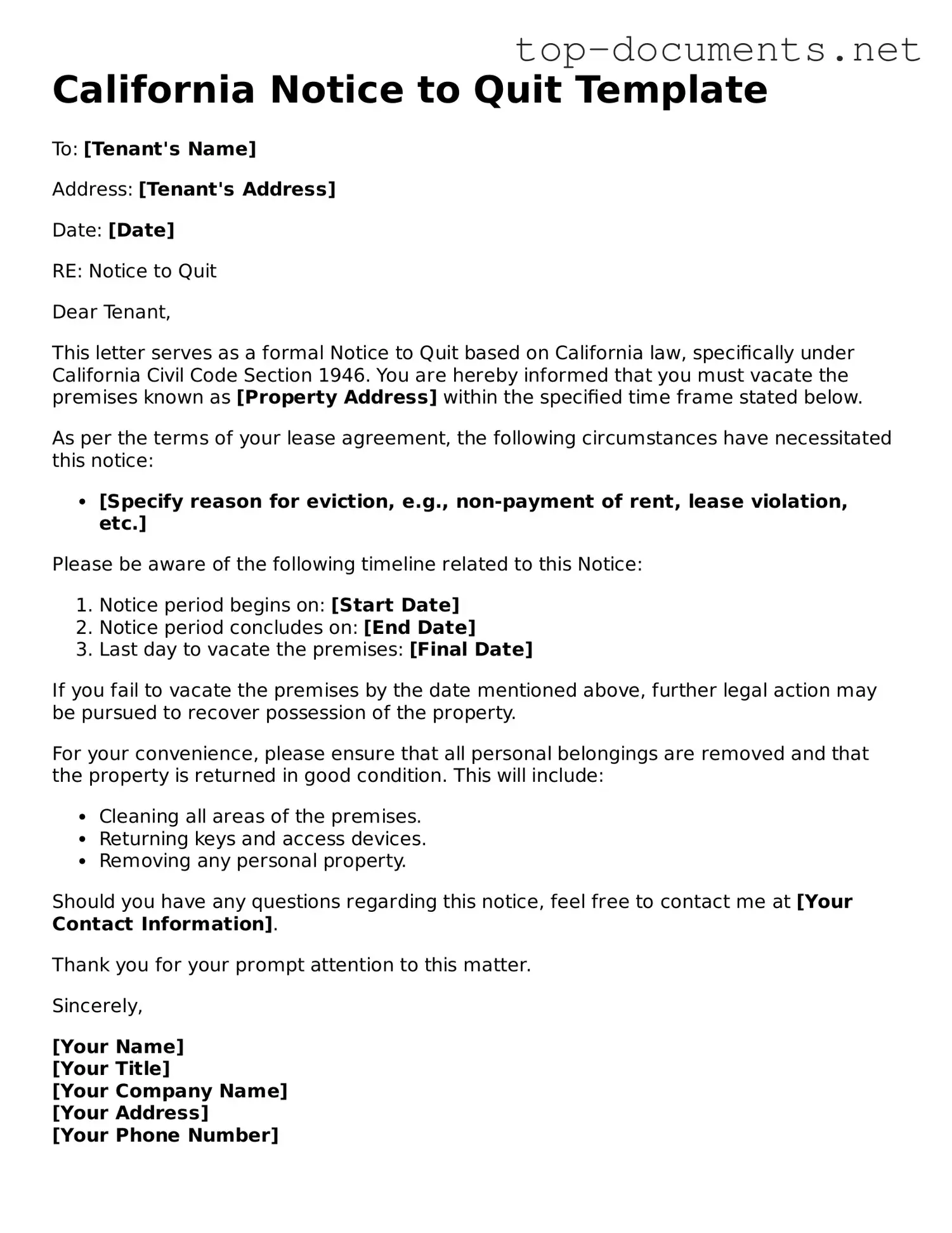 Printable Notice to Quit Form for the State of California
