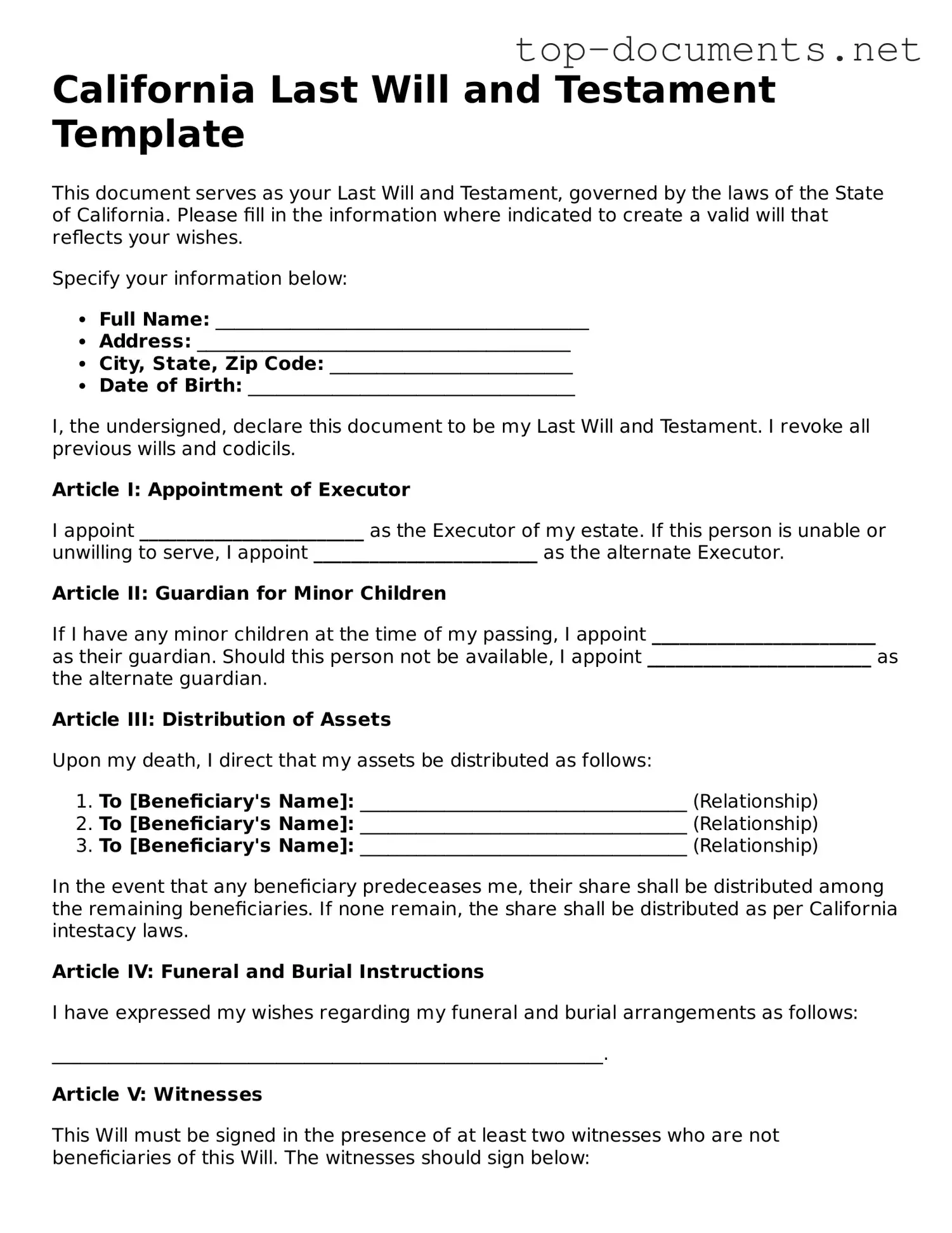 Printable Last Will and Testament Form for the State of California