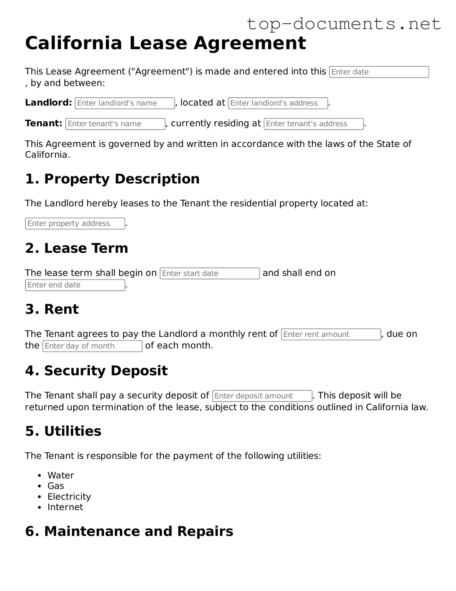 Printable Lease Agreement Form for the State of California
