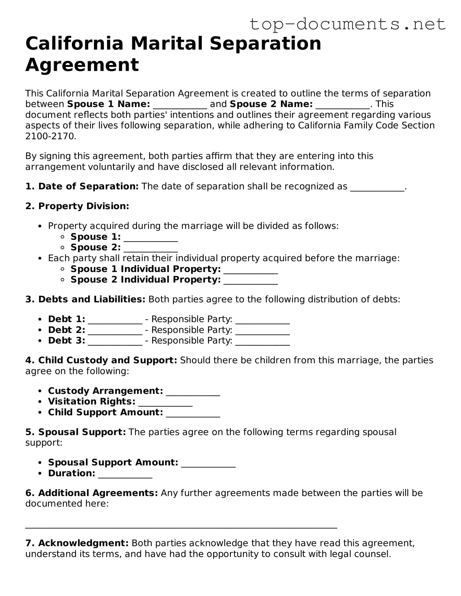 Printable Marital Separation Agreement Form for the State of California