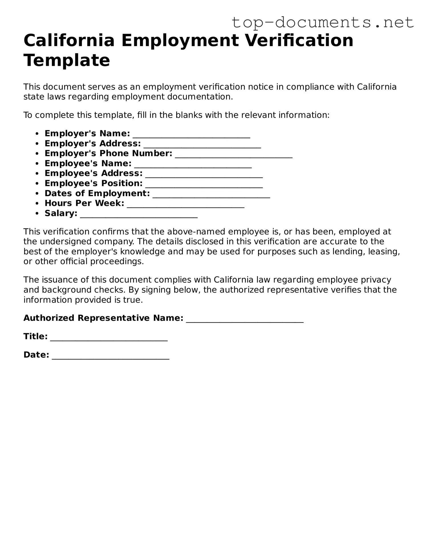 Printable Employment Verification Form for the State of California