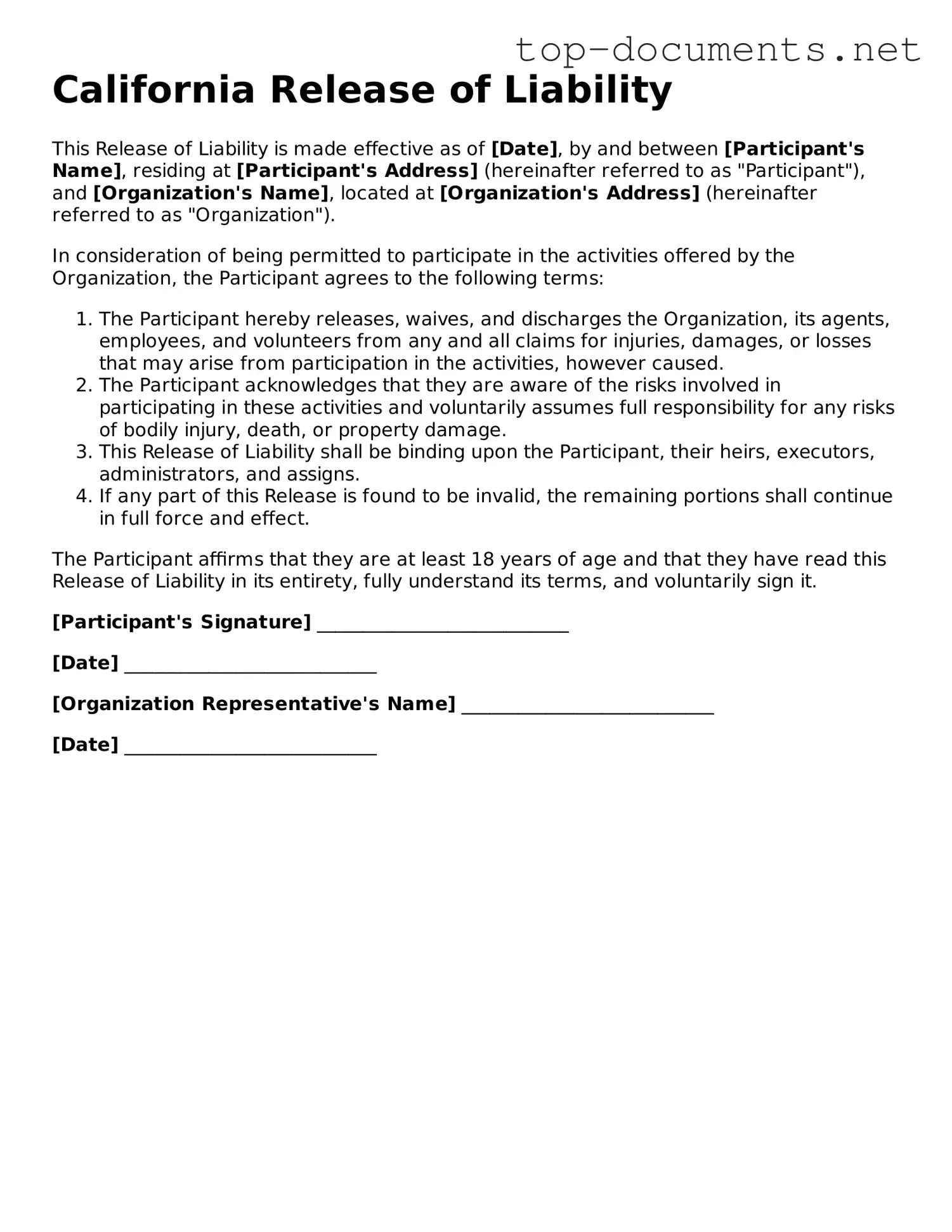 Printable Release of Liability Form for the State of California