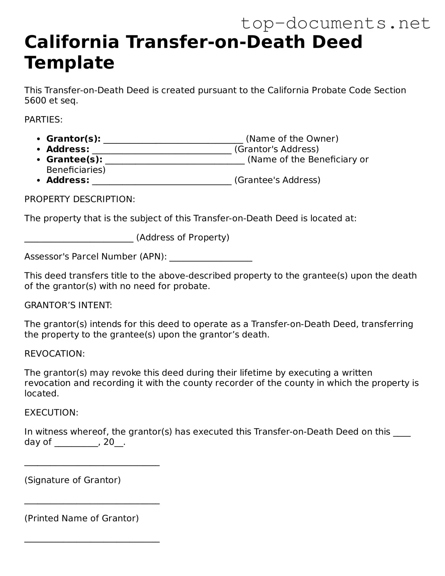 Printable Transfer-on-Death Deed Form for the State of California