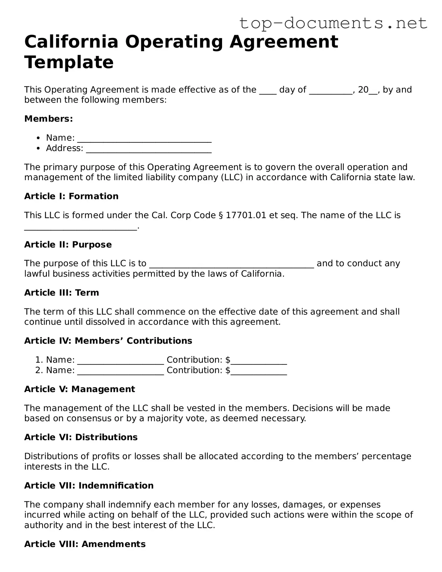 Printable Operating Agreement Form for the State of California