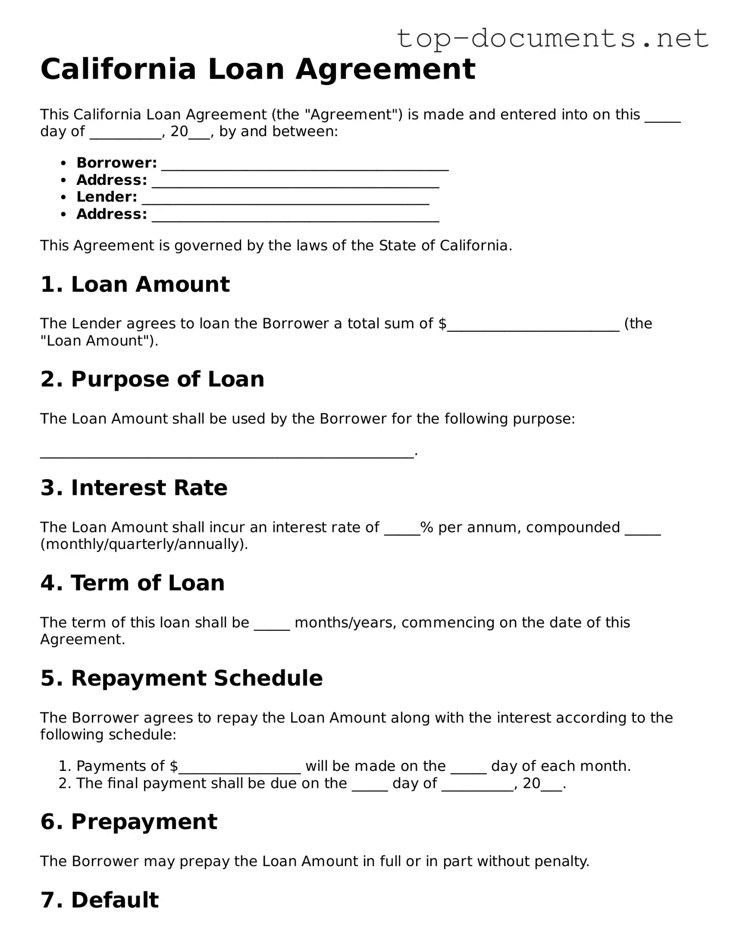 Printable Loan Agreement Form for the State of California