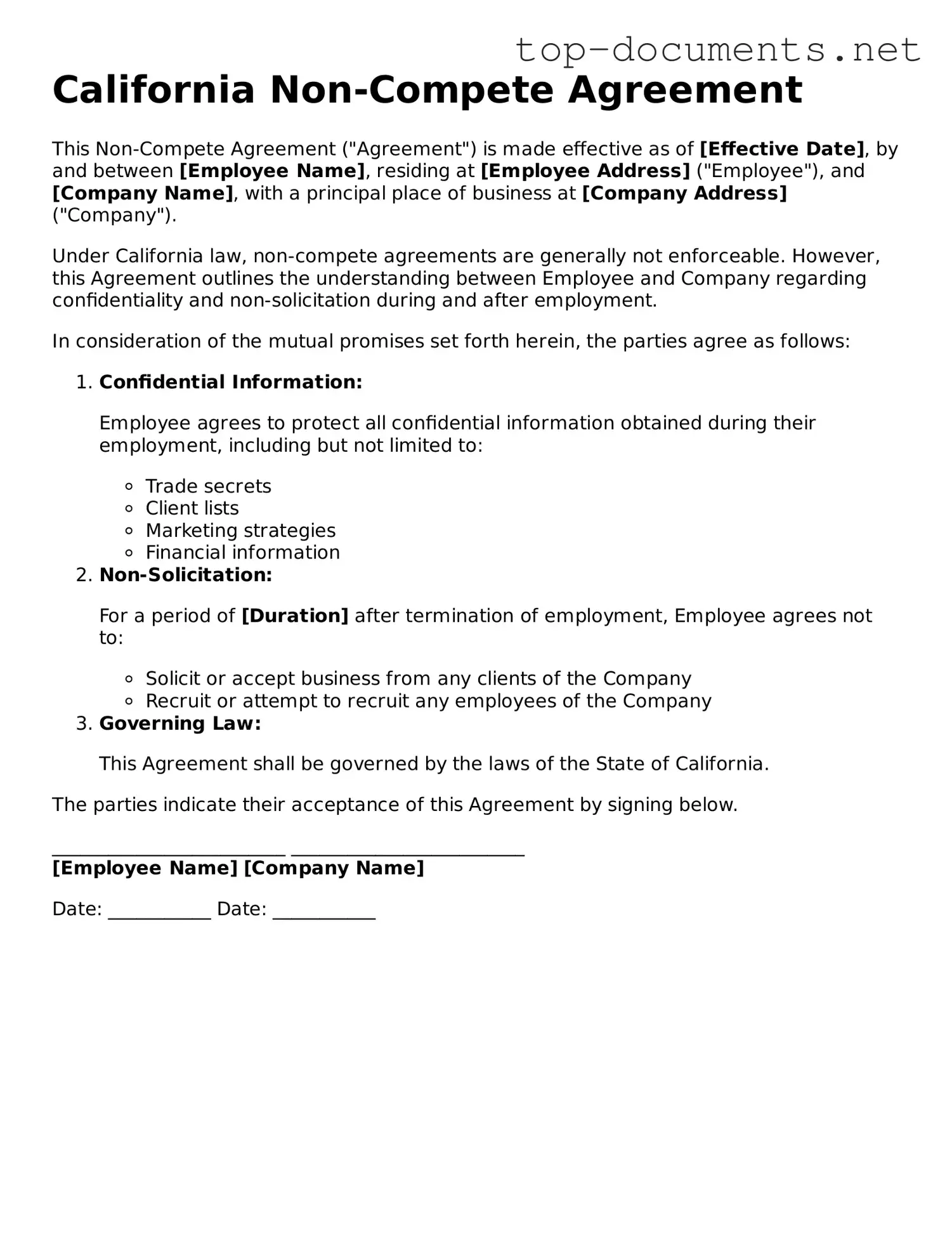 Printable Non-compete Agreement Form for the State of California
