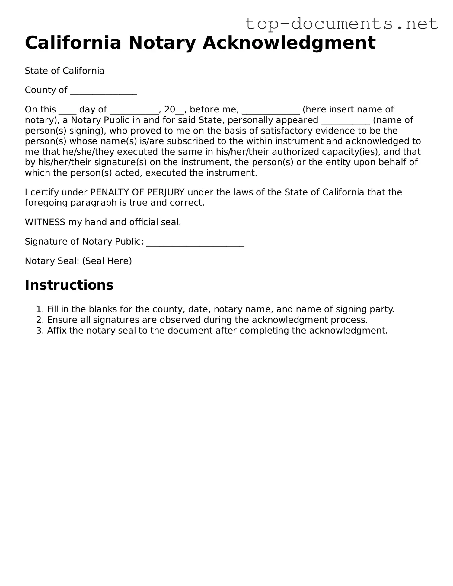 Printable Notary Acknowledgement Form for the State of California