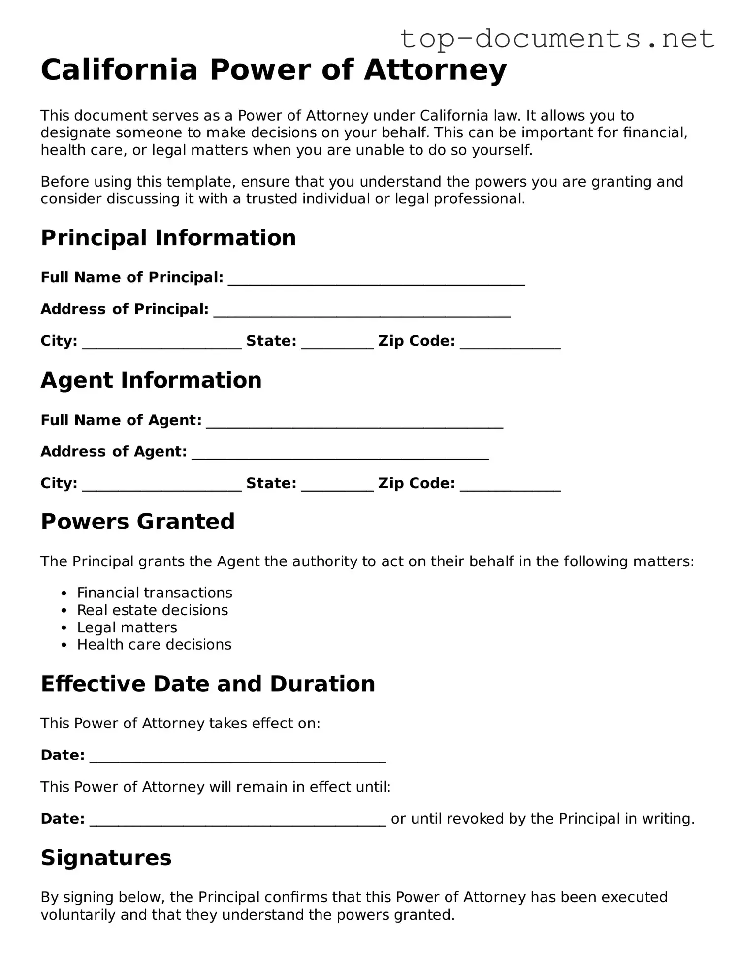 Printable Power of Attorney Form for the State of California